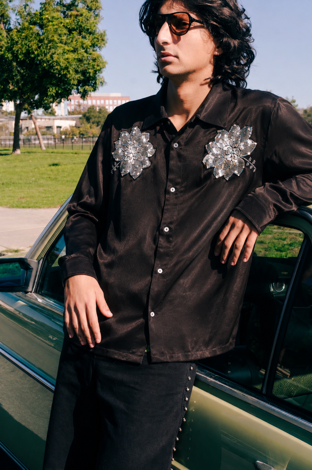 Model wearing Lotus Mashru silk shirt with floral embroidery outdoor – Indian handloom artisan menswear by Hindostan Archive