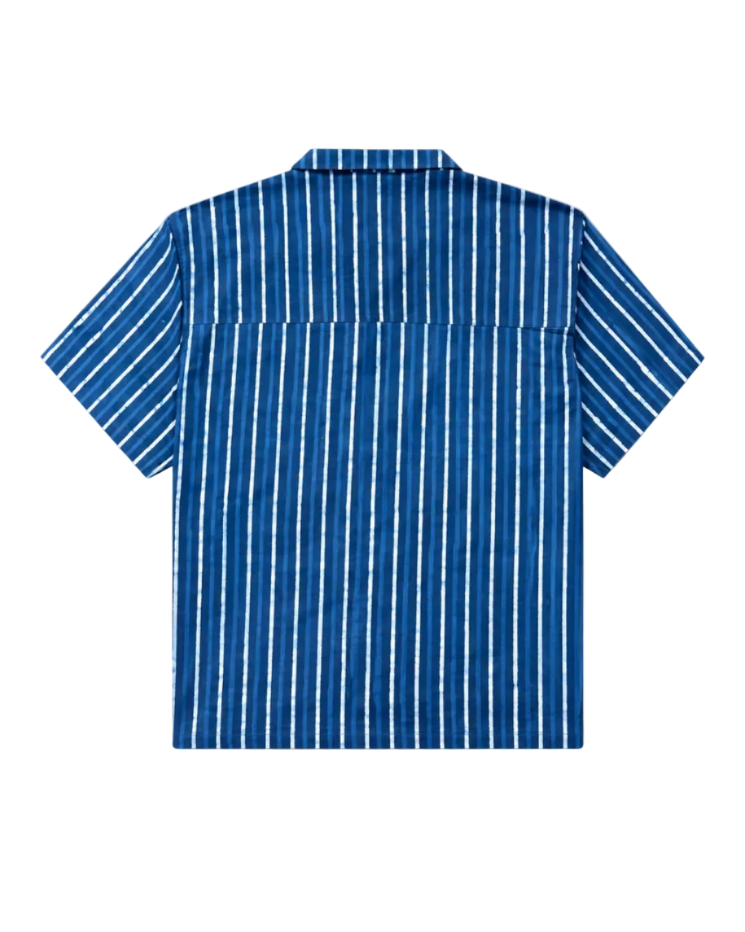 Neel stripes Ajrakh hand block printed natural dyed camp shirt back view – Indian handloom artisan menswear by Hindostan Archive