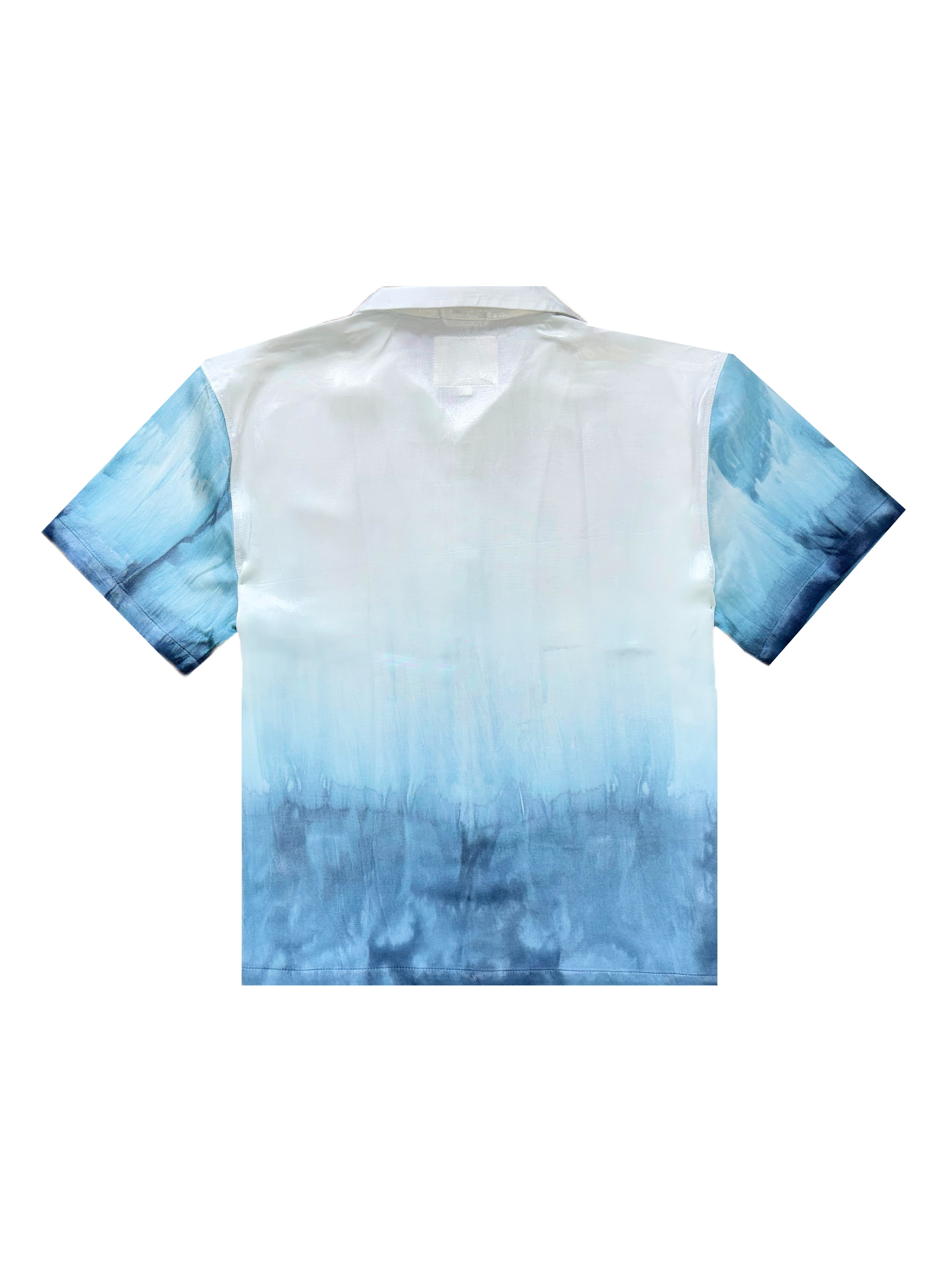 Back view of OMBRE Mashru silk camp shirt in blue tie-dye ombre – Hindostan Archive artisan menswear