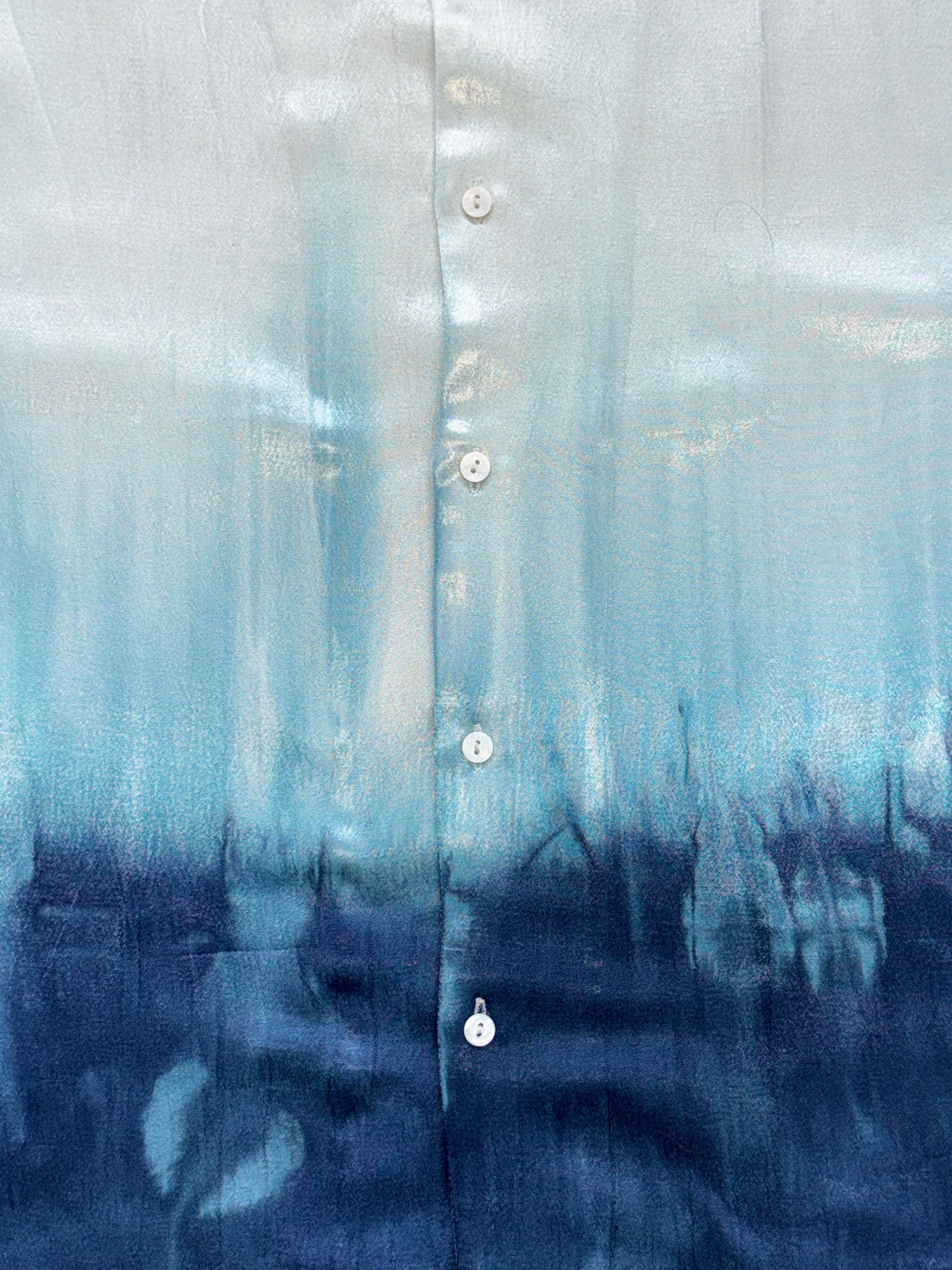 Close-up of OMBRE Mashru silk fabric with blue to white naturally dyed ombre – Hindostan Archive
