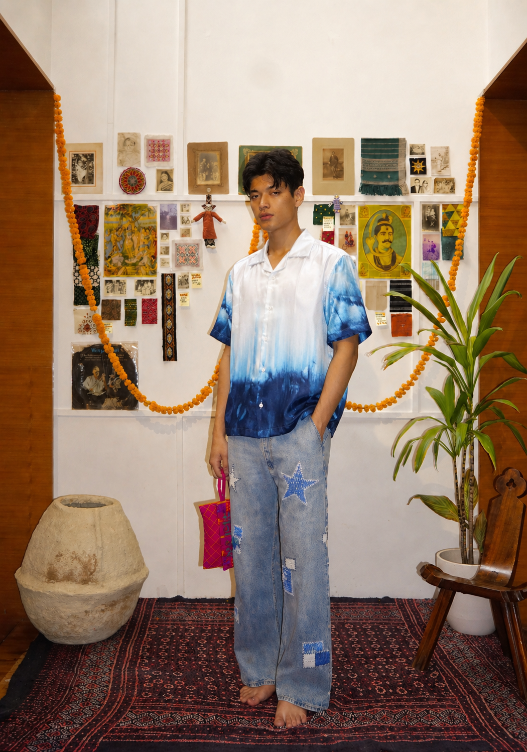 Model wearing OMBRE Mashru silk blue tie-dye shirt with patchwork jeans – Hindostan Archive artisan menswear