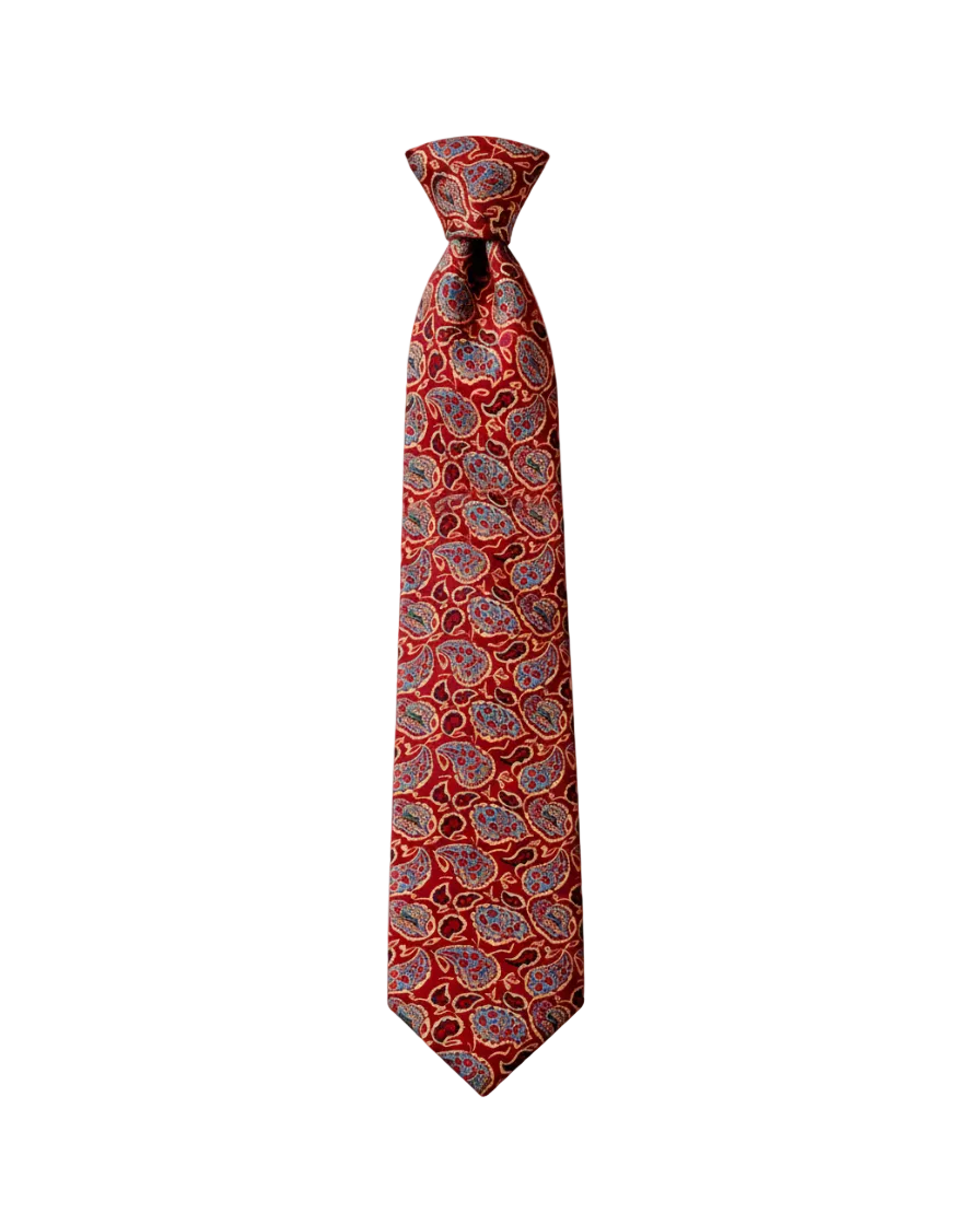 Paisley Ajrakh hand block printed pure silk tie with natural dye red and blue print – artisan menswear accessory by Hindostan Archive