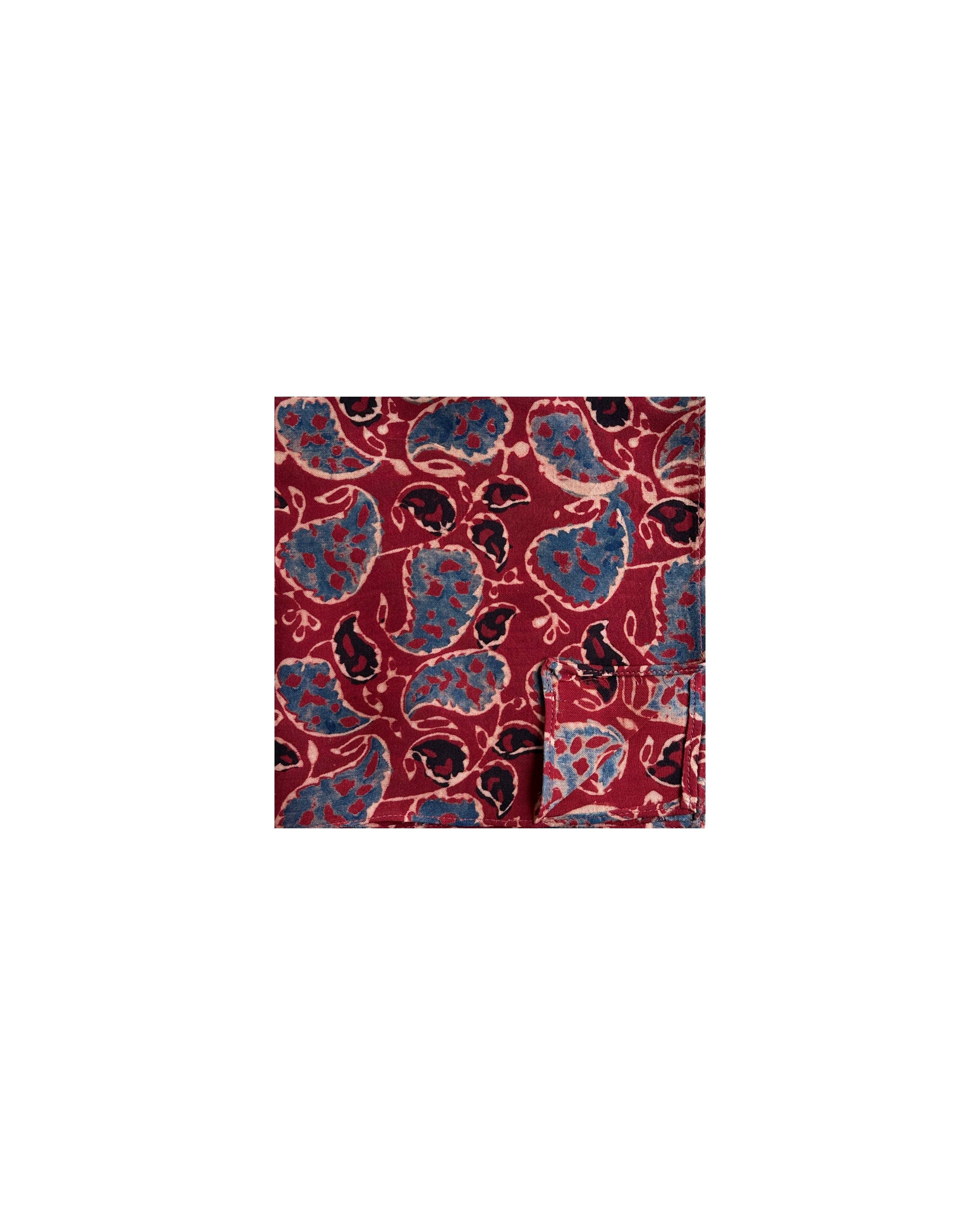 Paisley Ajrakh hand block printed pure silk pocket square flat lay – natural dyed Indian handloom artisan menswear by Hindostan Archive
