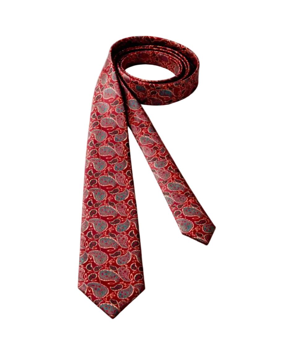 Paisley Ajrakh hand block printed pure silk tie shown diagonally – Indian artisan menswear accessory by Hindostan Archive