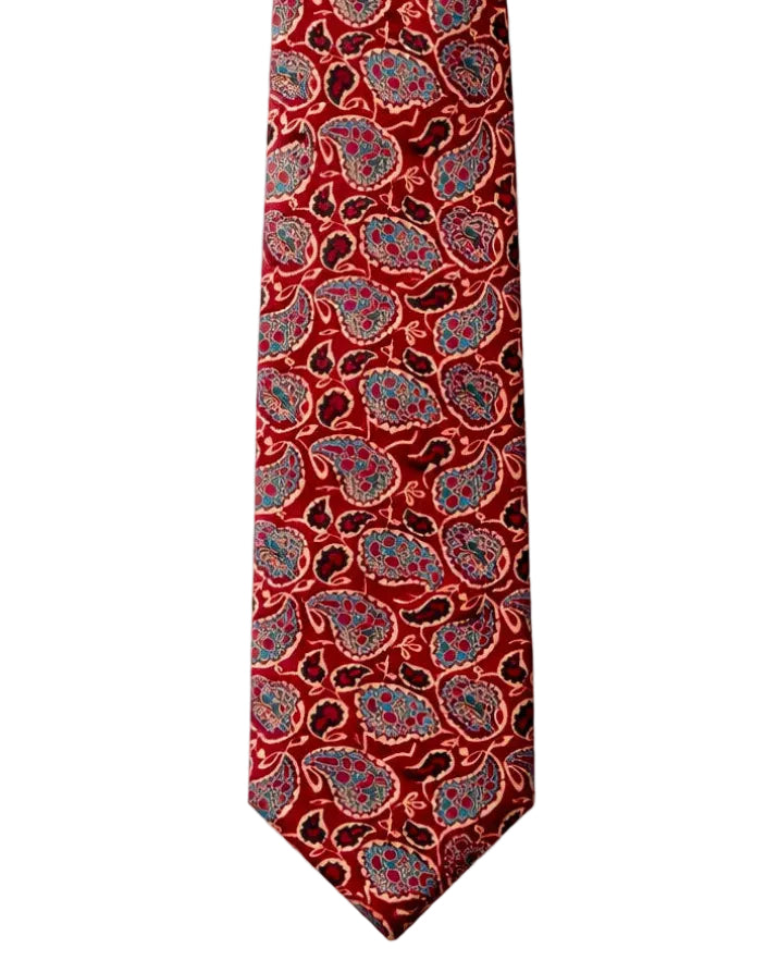Close-up of Paisley Ajrakh hand block printed pure silk tie fabric with natural dye – Hindostan Archive artisan menswear