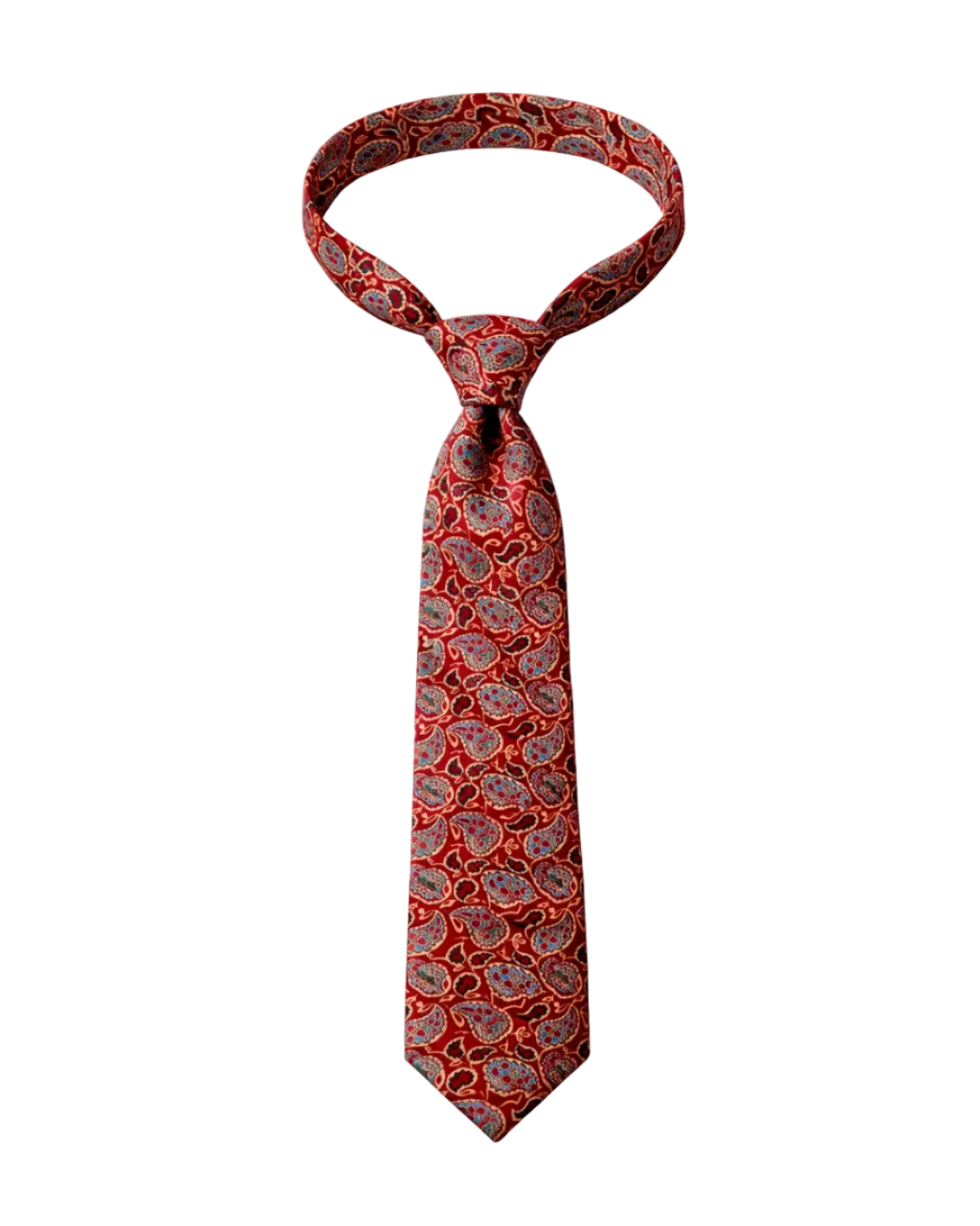 Paisley Ajrakh hand block printed pure silk tie full length view – Indian artisan menswear accessory by Hindostan Archive