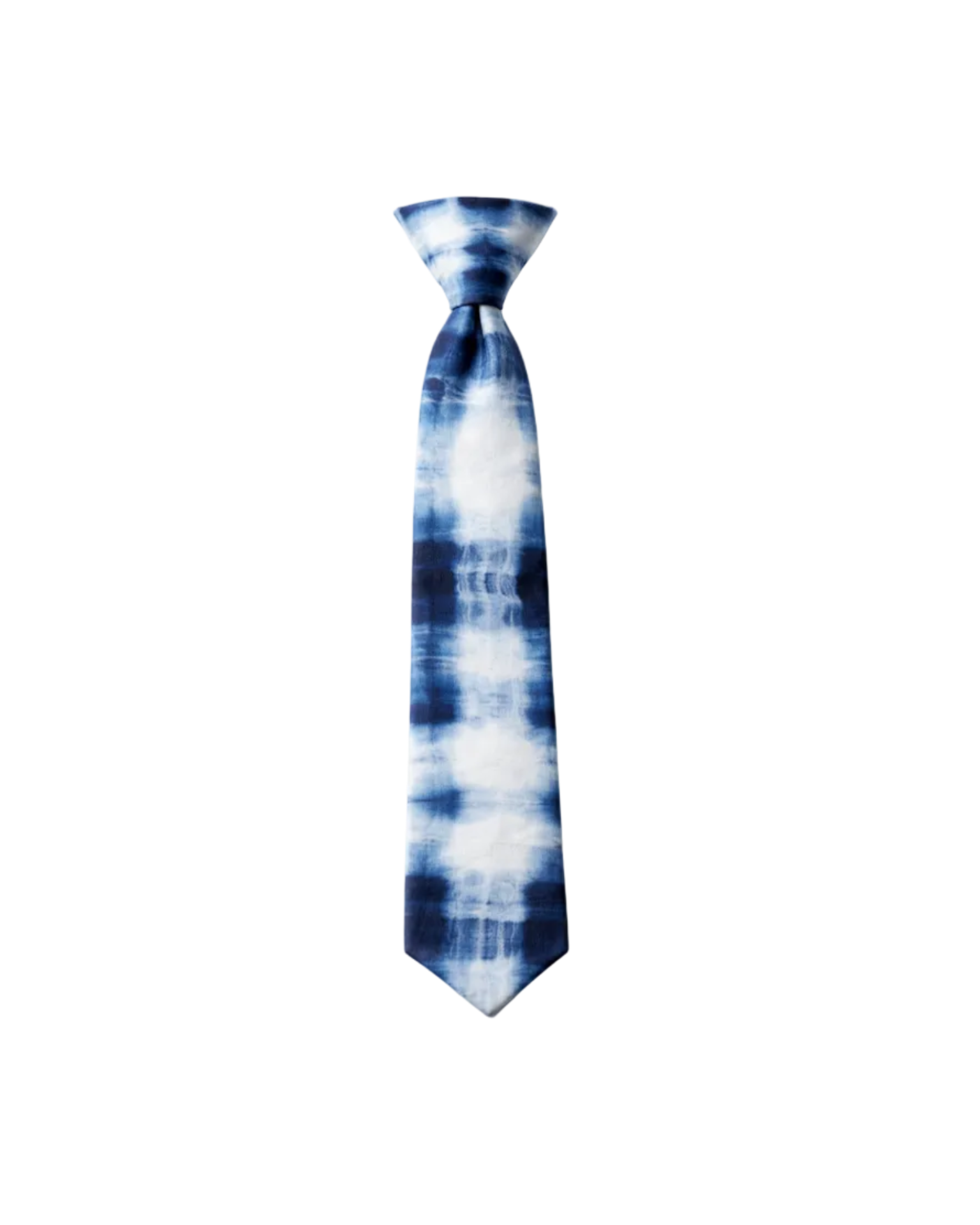 Tie-dye necktie with blue and white pattern on a white background