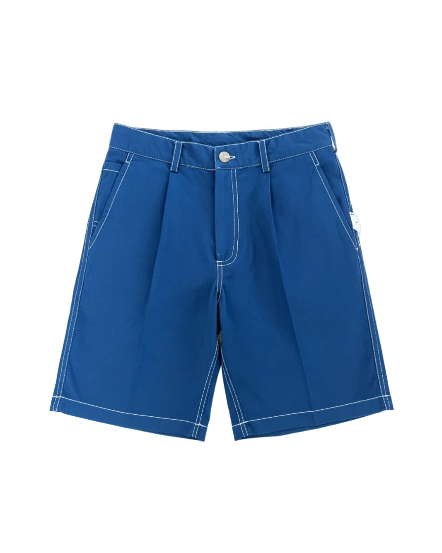 Blue shorts with white stitching on a white background