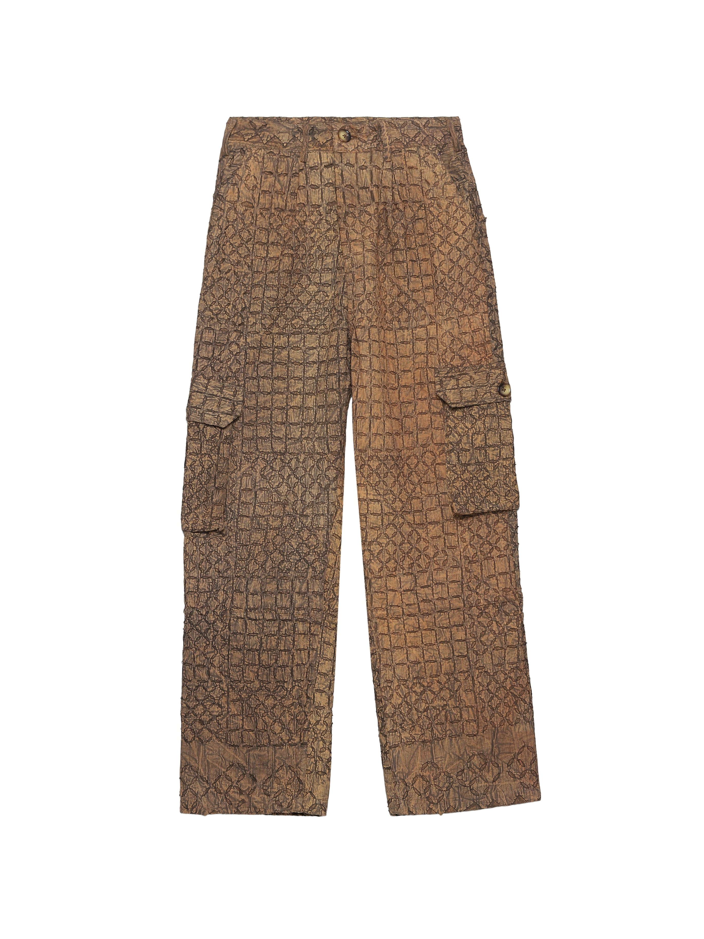 Rilli brown cargo trousers front view – patchwork natural dyed cotton cargo trousers – artisan menswear Indian handloom clothing by Hindostan Archive