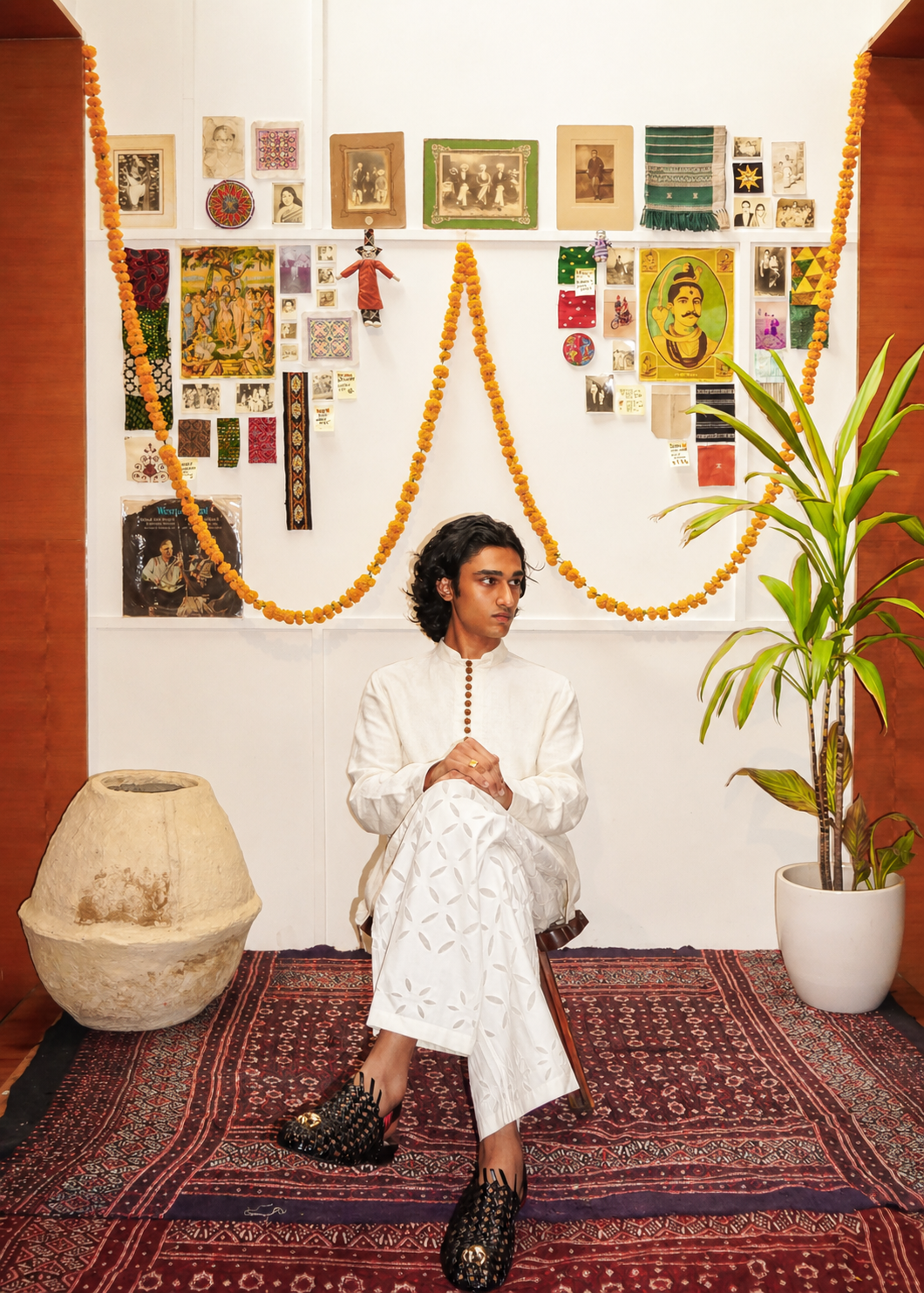 Model wearing RUDRAKSHA ecru embroidered cotton shirt seated with marigold garlands – Hindostan Archive artisan menswear