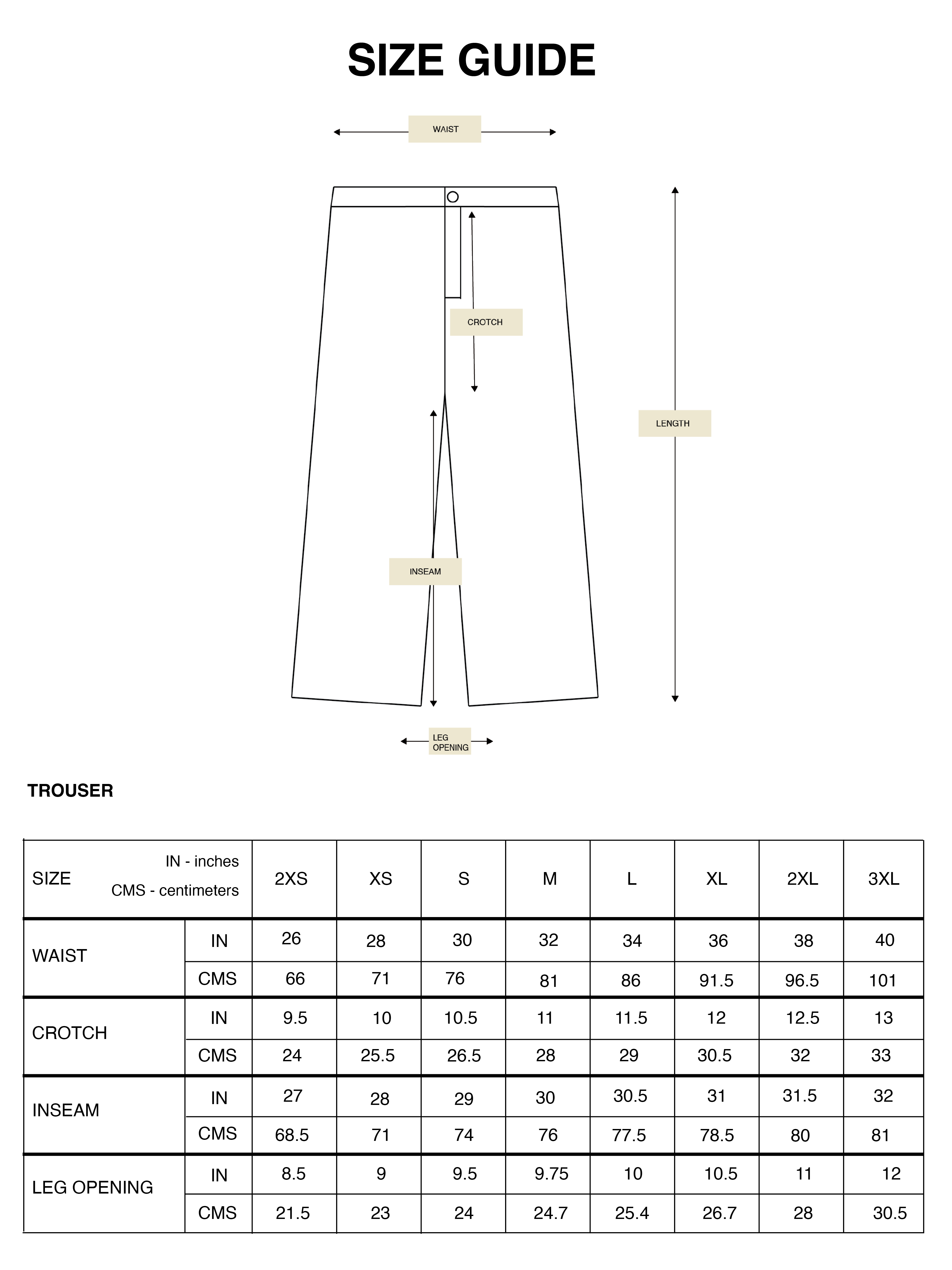 Size guide for Hindostan Archive artisan menswear Indian handloom clothing trousers – measurements in inches and centimetres