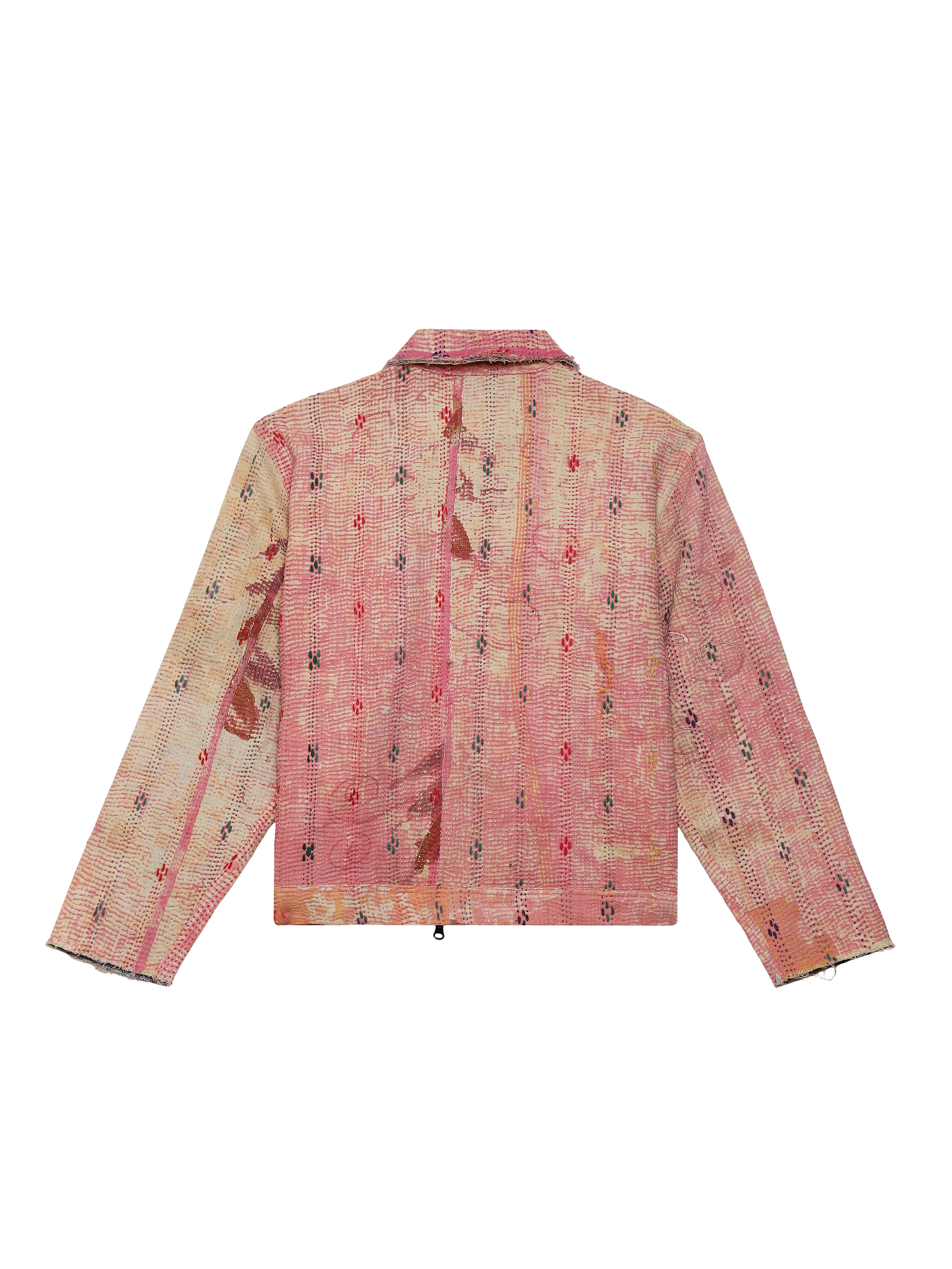 'SOSA' vintage Kantha jacket back view – upcycled Kantha jacket with geometric hand-stitching, frayed edges and YKK zip – artisan menswear Indian handloom clothing by Hindostan Archive