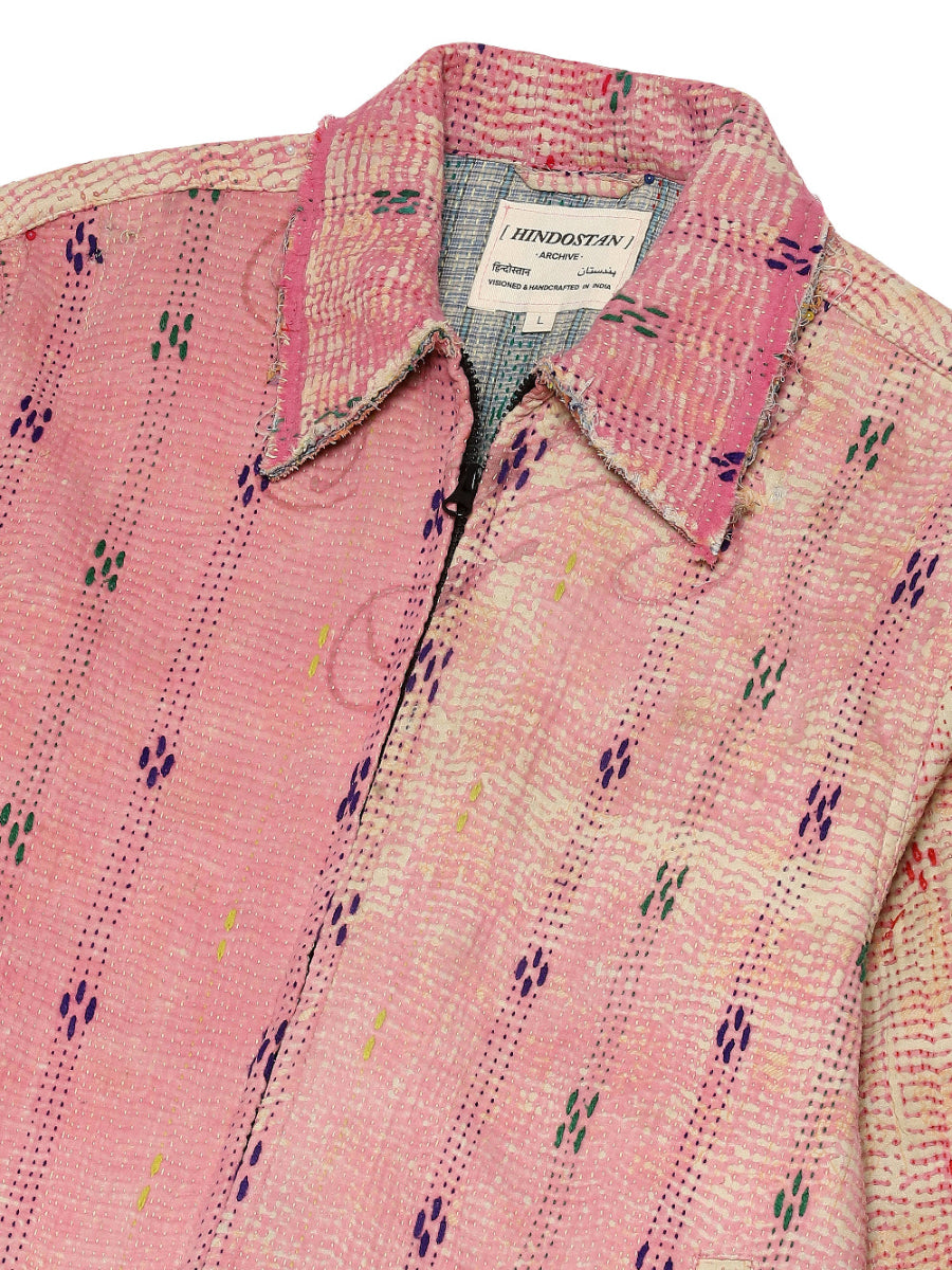 'SOSA' vintage Kantha jacket collar and label close-up – upcycled Kantha jacket with hand-stitched Indian handloom fabric and frayed edges – artisan menswear by Hindostan Archive