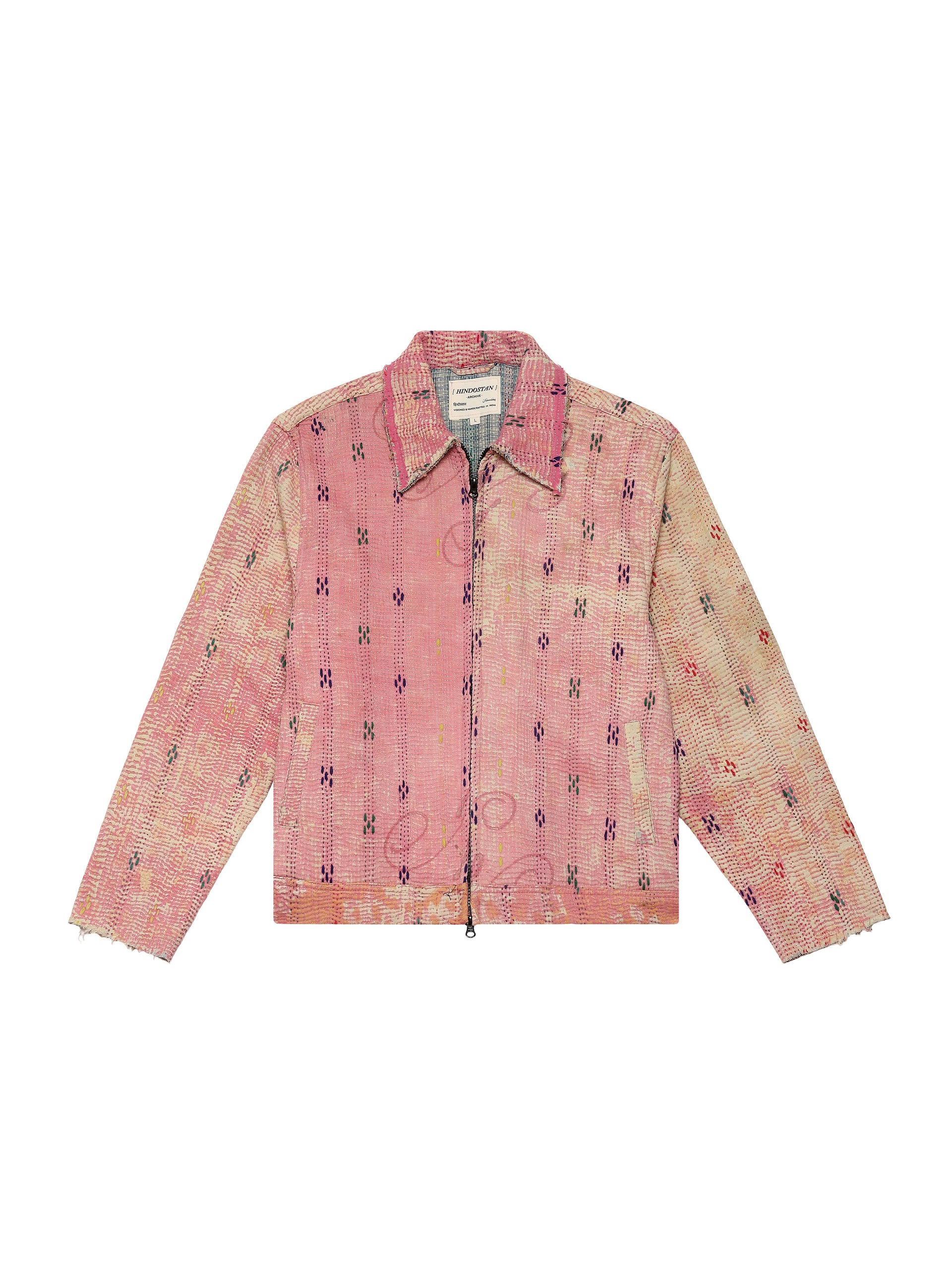 'SOSA' vintage Kantha jacket front view – upcycled Kantha jacket with geometric hand-stitching and YKK zip – artisan menswear Indian handloom clothing by Hindostan Archive