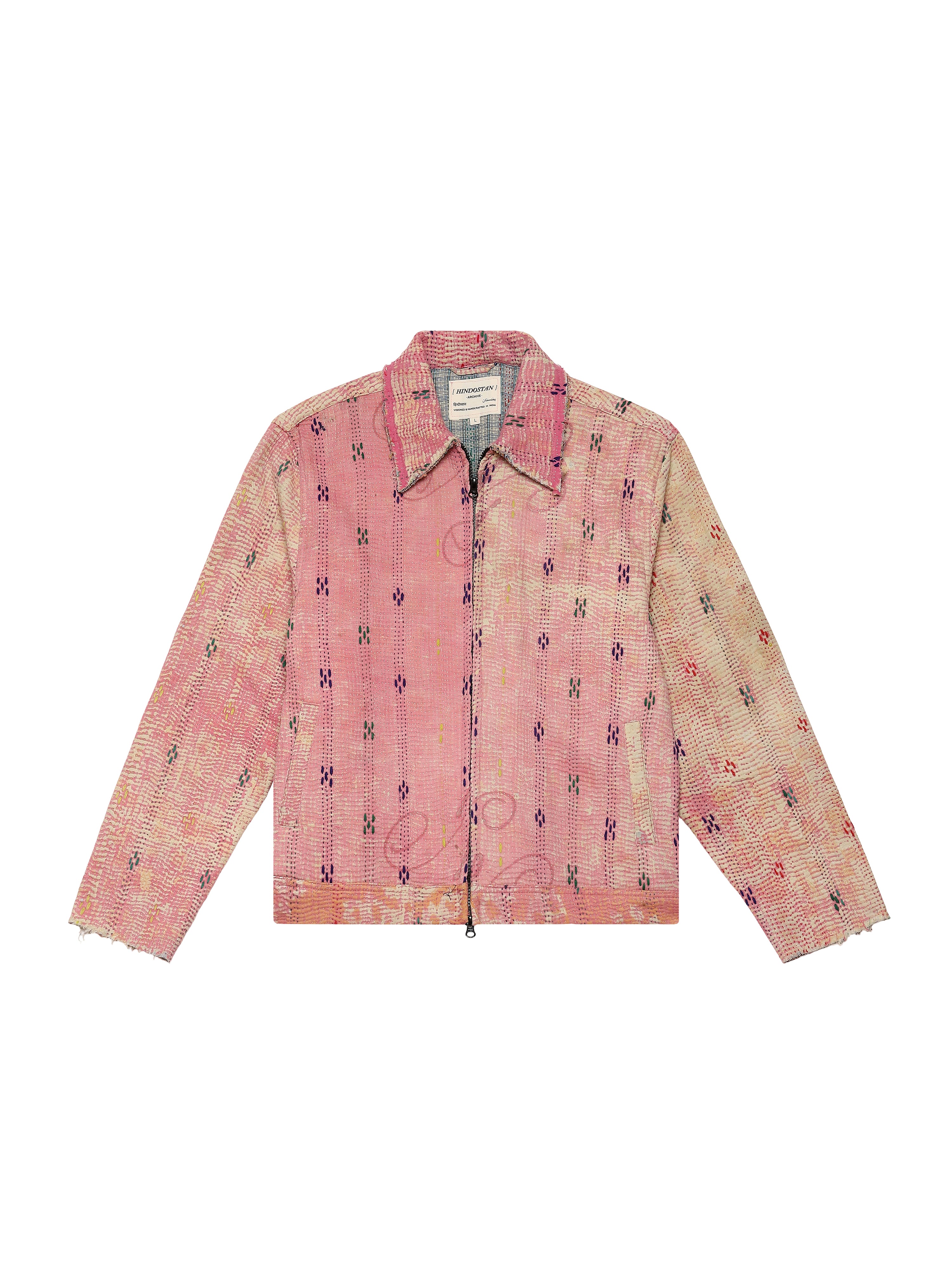 'SOSA' vintage Kantha jacket front view – upcycled Kantha jacket with geometric hand-stitching and YKK zip – artisan menswear Indian handloom clothing by Hindostan Archive
