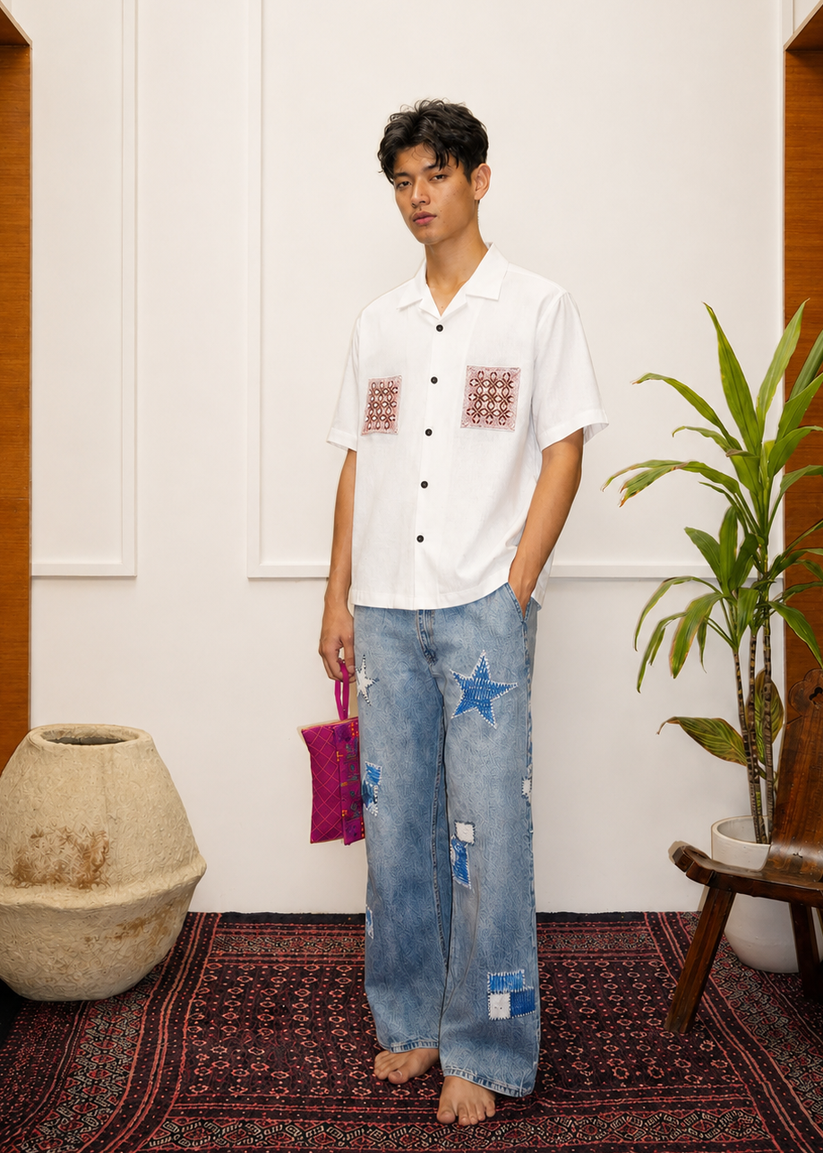 Model wearing SUF Khadi cotton handwoven camp shirt – handwoven shirts natural dyed Indian handloom clothing – artisan menswear by Hindostan Archive