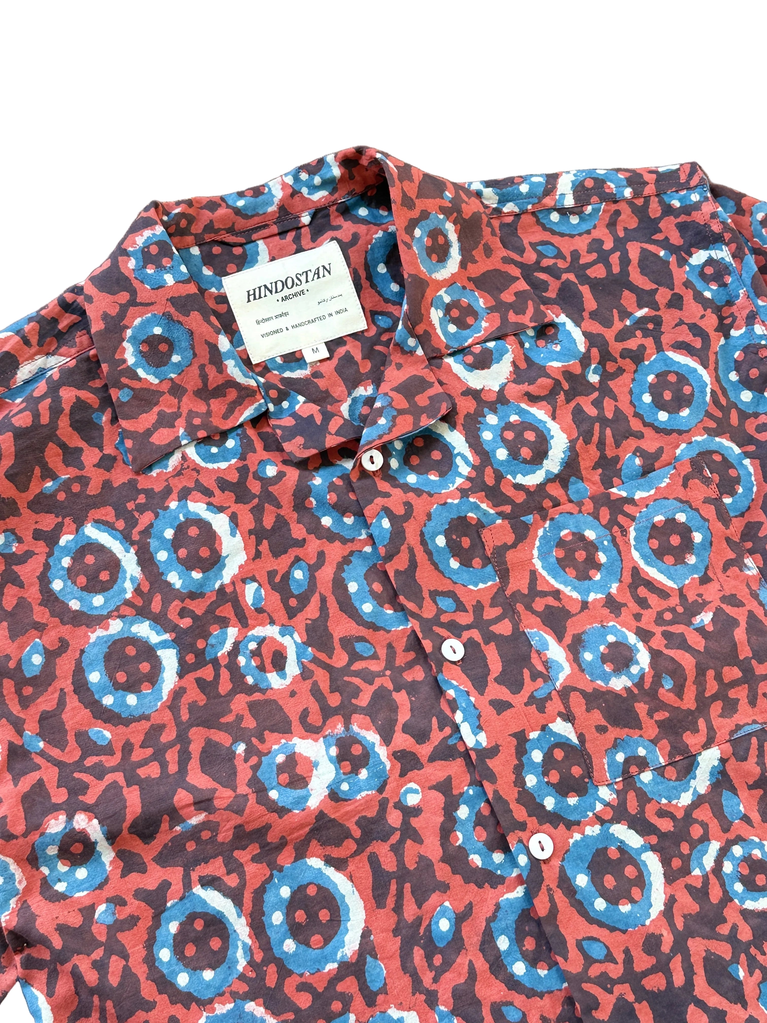 Collar detail of Surkh Ajrakh red floral hand block printed camp shirt – natural dyed Indian handloom artisan menswear by Hindostan Archive