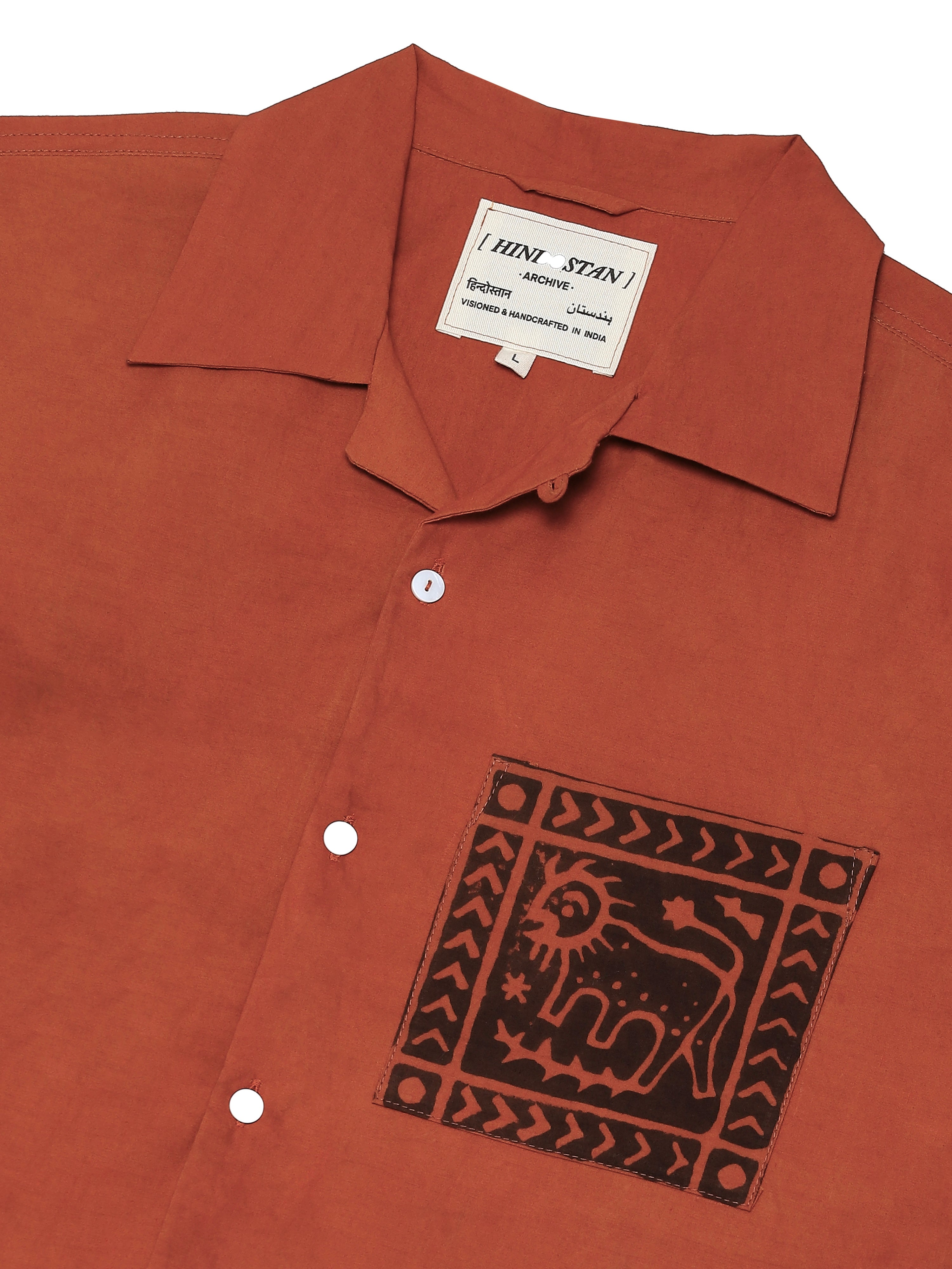 Tiger handblocked shirt close-up of tiger botanical Ajrakh hand block print on natural dyed fabric – artisan menswear Indian handloom by Hindostan Archive