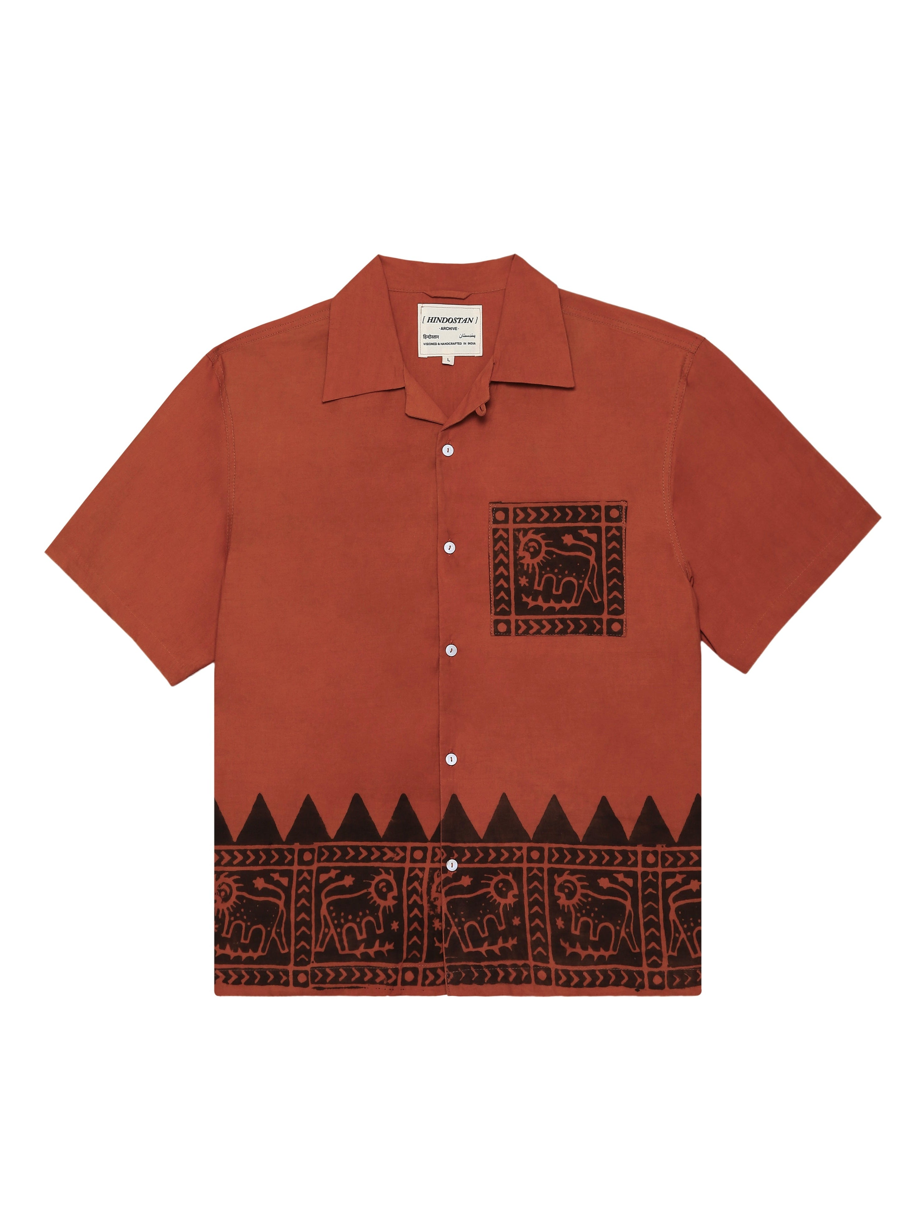 Tiger handblocked shirt front view – Ajrakh clothing hand block printed shirt with tiger botanical print – artisan menswear Indian handloom clothing by Hindostan Archive