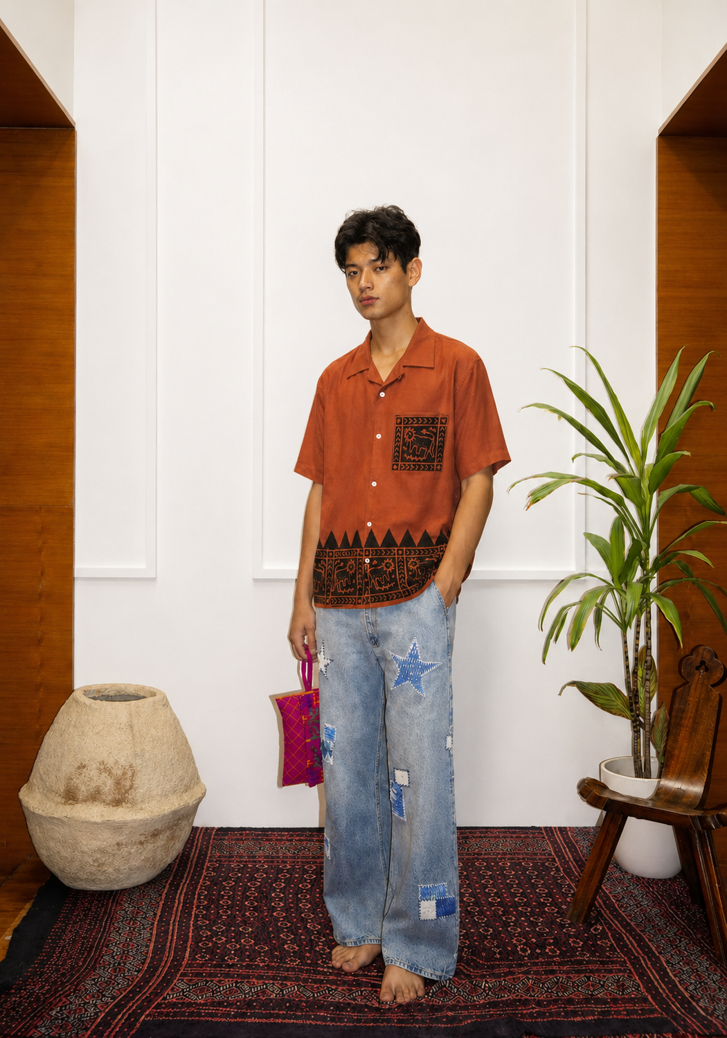 Tiger handblocked shirt model wearing lifestyle action shot – Ajrakh hand block printed shirt – artisan menswear Indian handloom clothing by Hindostan Archive