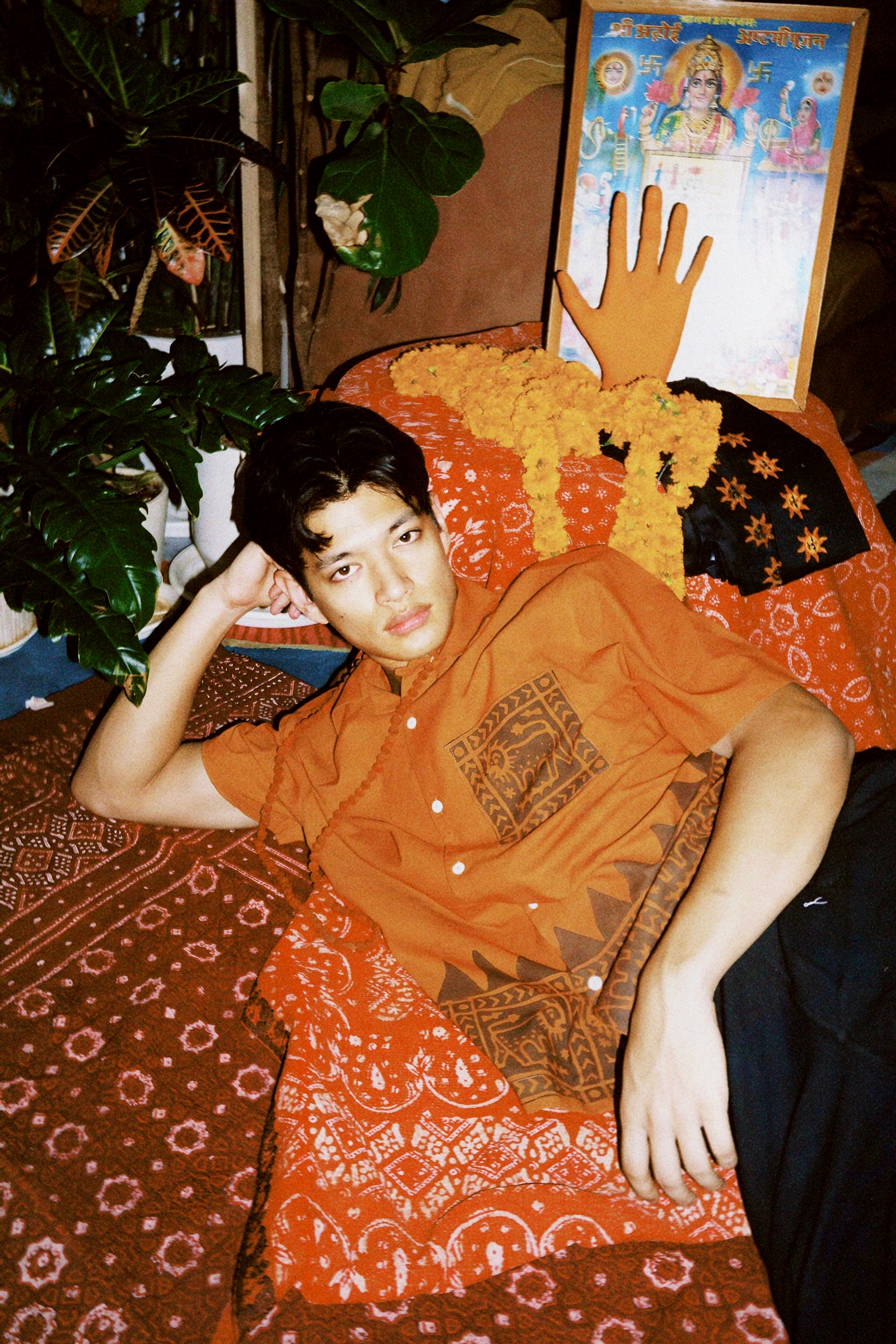Model wearing Tiger handblocked shirt – Ajrakh clothing hand block printed shirt with tiger print – artisan menswear Indian handloom by Hindostan Archive