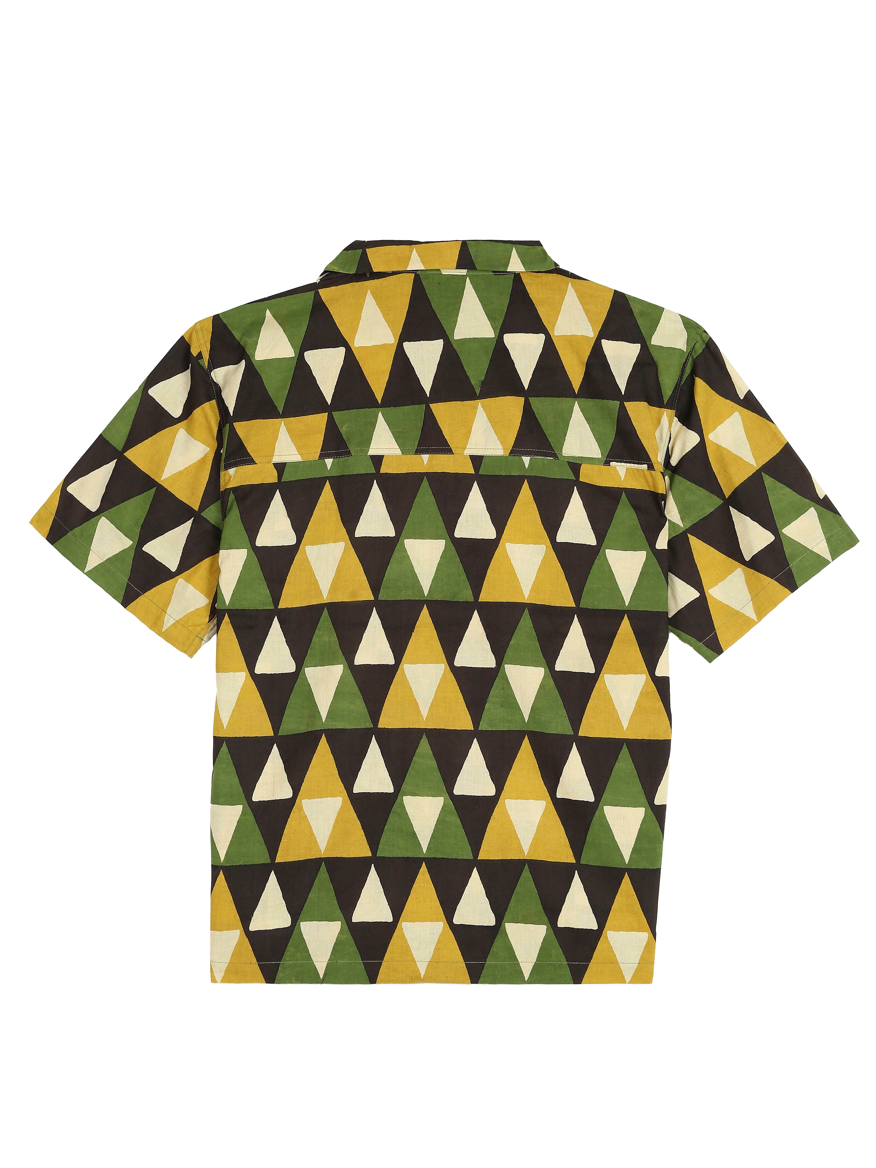 Trikon Ajrakh shirt back view – hand block printed natural dyed Ajrakh clothing artisan menswear by Hindostan Archive