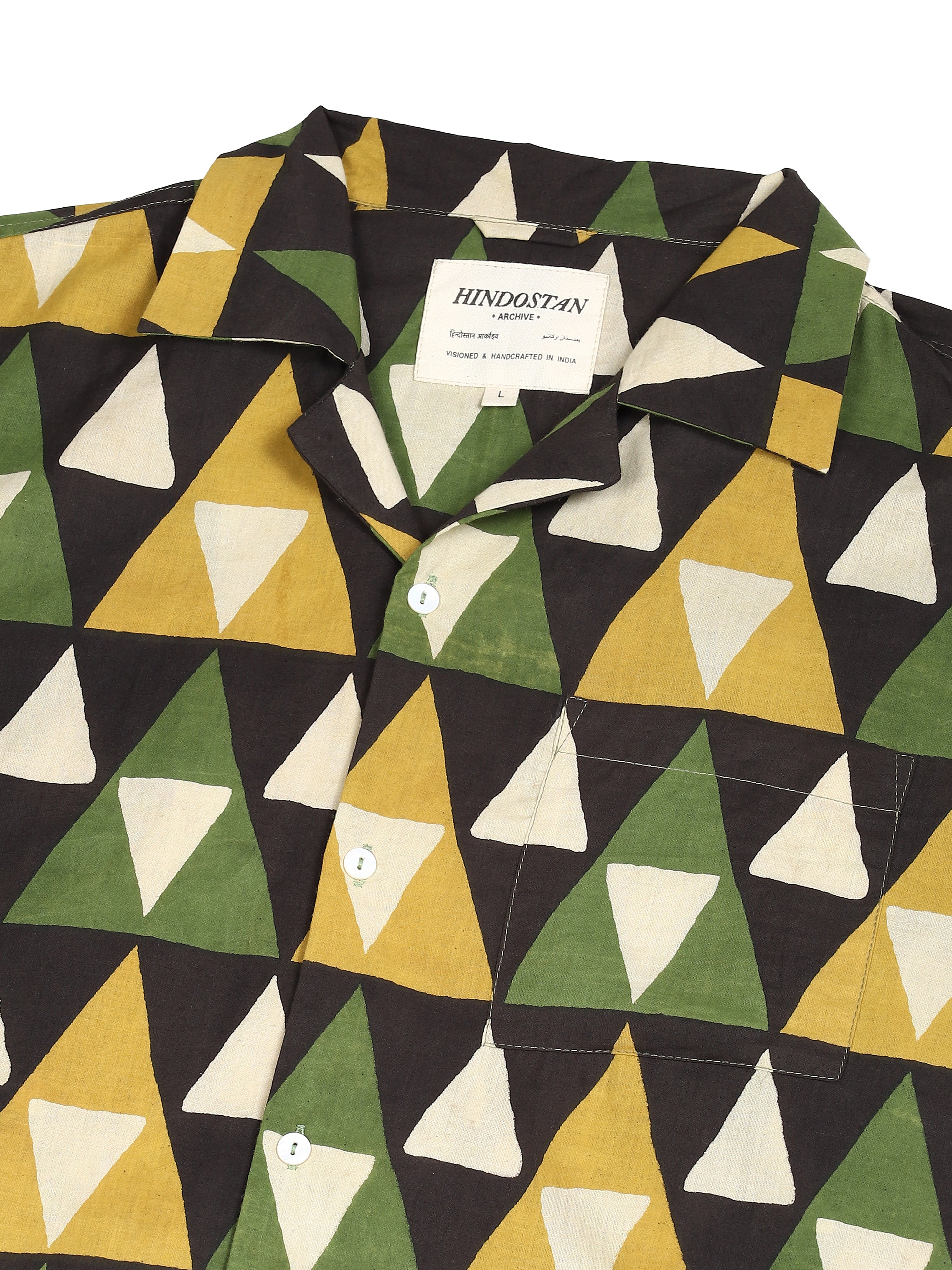 Trikon Ajrakh shirt close-up of hand block printed triangle pattern – natural dyed Ajrakh clothing by Hindostan Archive