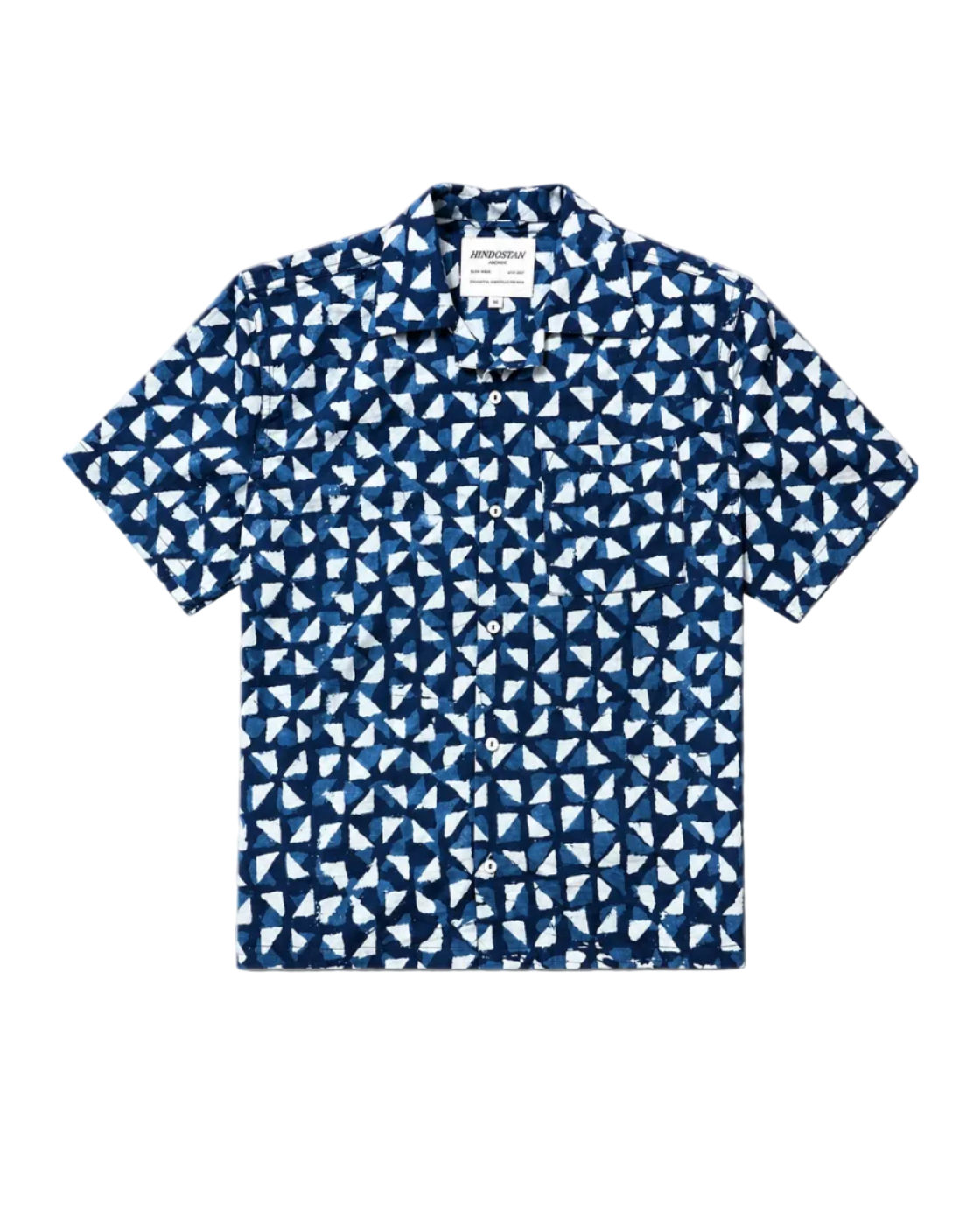 Trikon indigo geometric Ajrakh hand block printed natural dyed camp shirt front – Indian handloom artisan menswear by Hindostan Archive