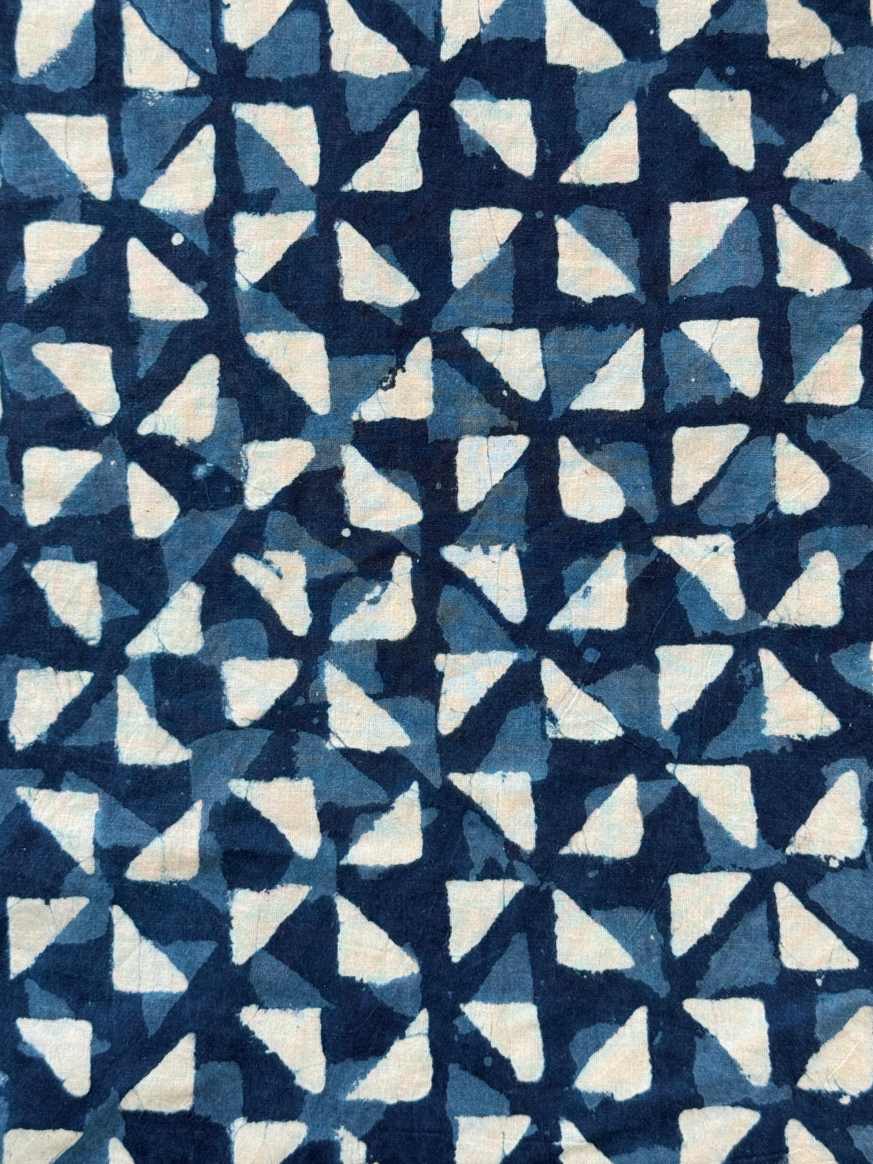 Close-up of Trikon indigo geometric Ajrakh hand block print fabric with natural dye – Indian handloom artisan textile by Hindostan Archive