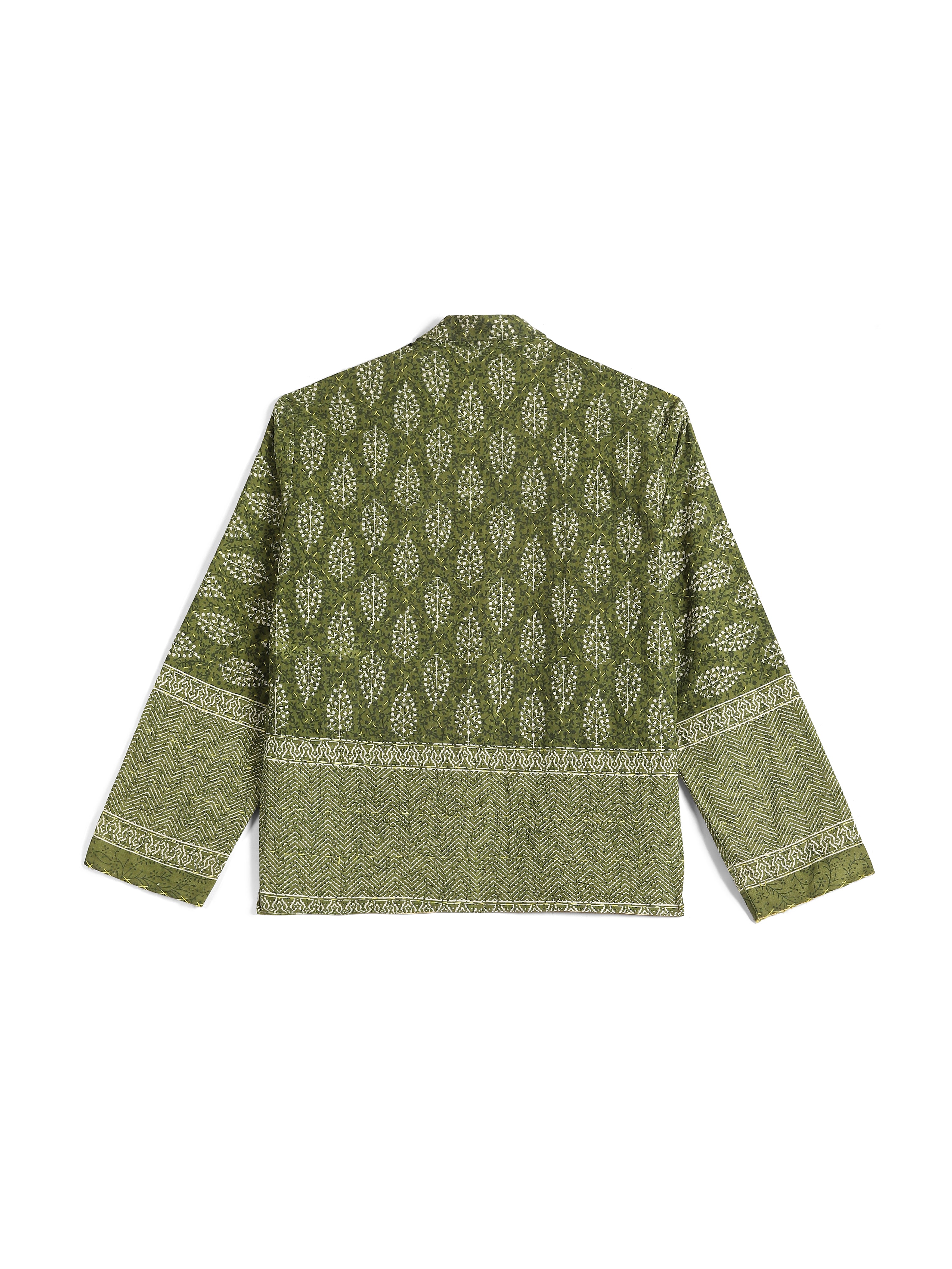 Vaan Ajrakh hand block printed Kantha jacket back view – Indian handloom artisan menswear by Hindostan Archive