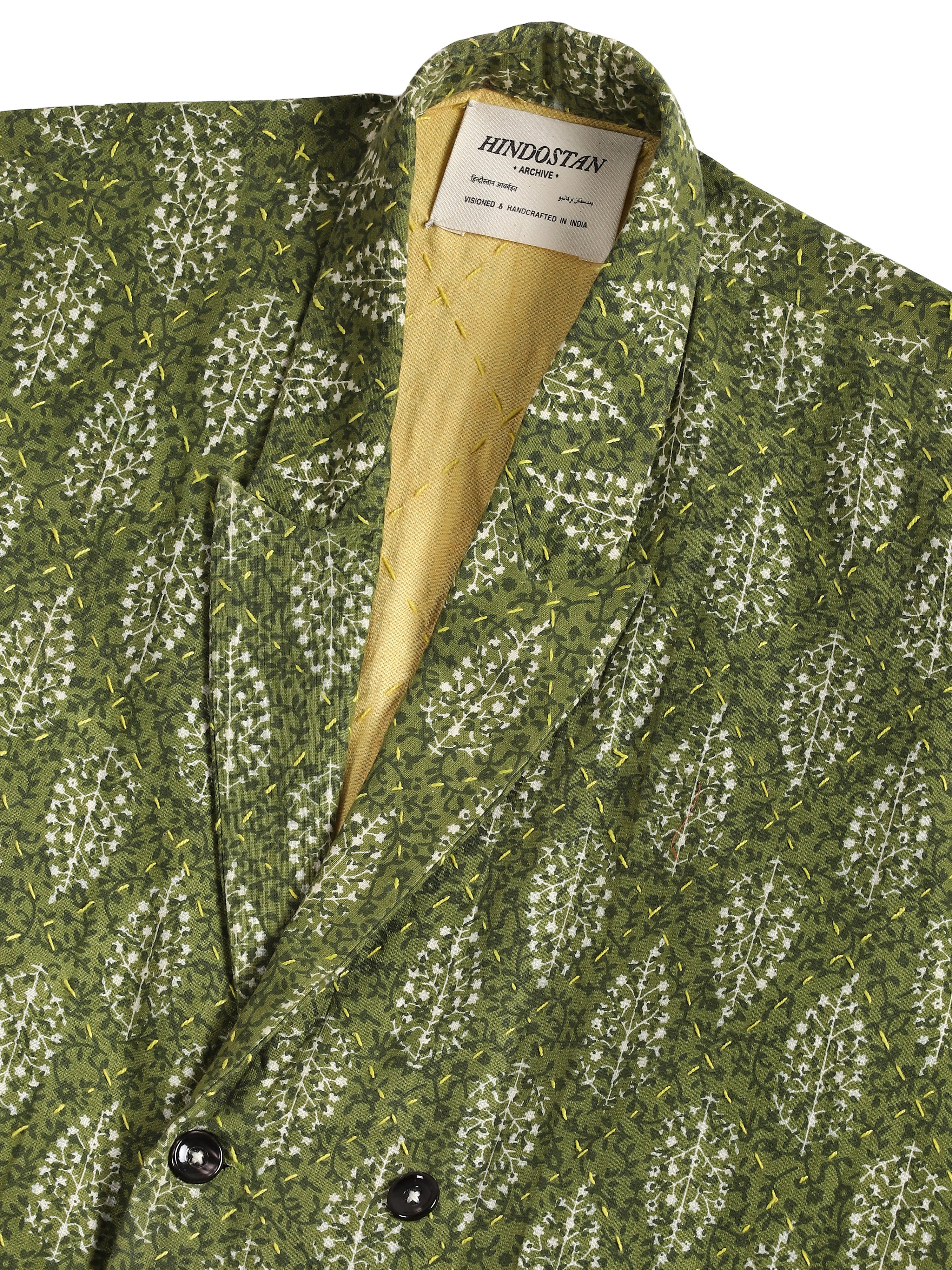 Vaan Ajrakh peak lapel jacket detail with Hindostan Archive label – hand block printed Indian handloom artisan menswear