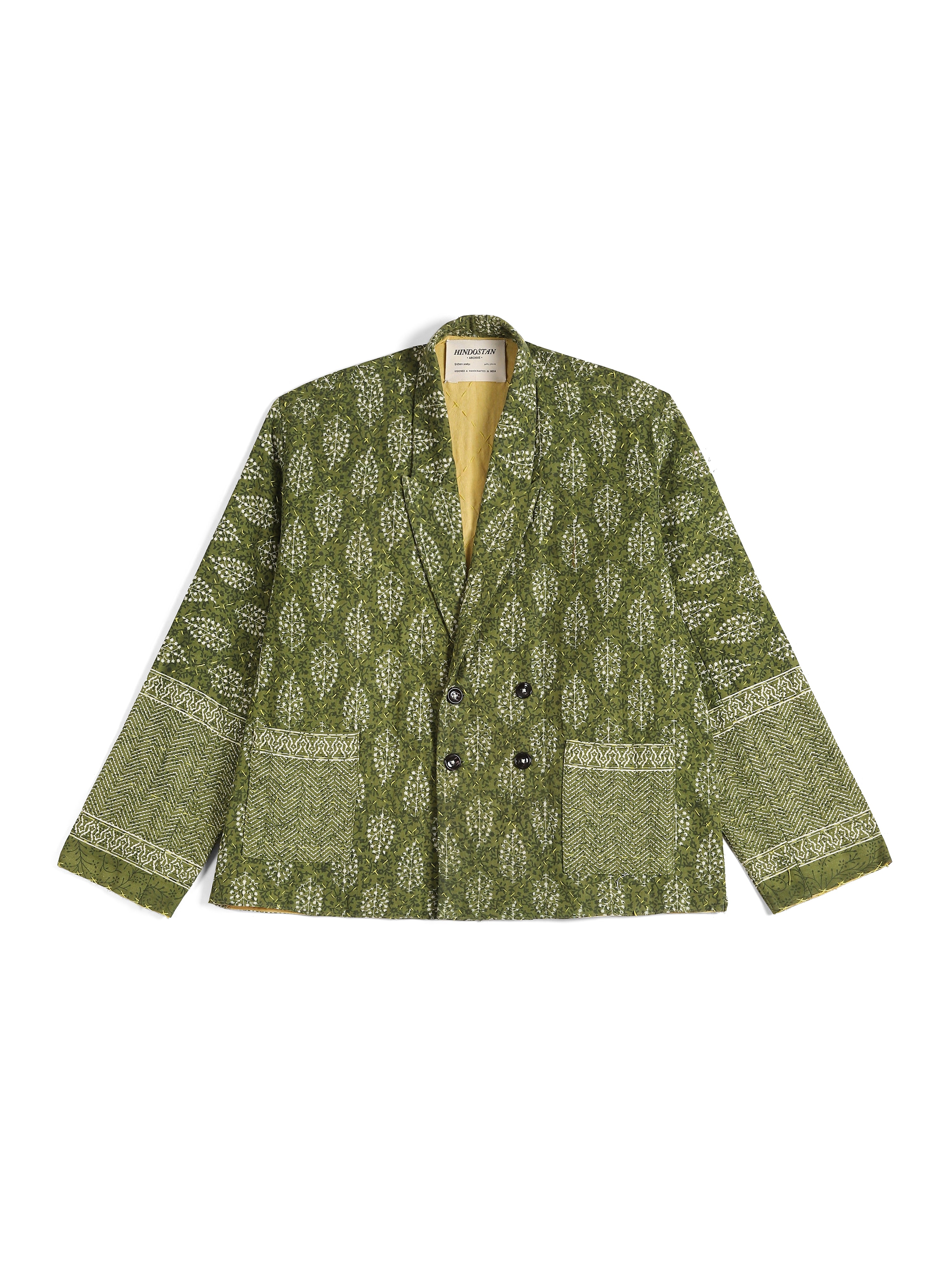 Vaan Ajrakh hand block printed Kantha embroidered peak lapel jacket front – Indian handloom artisan menswear by Hindostan Archive