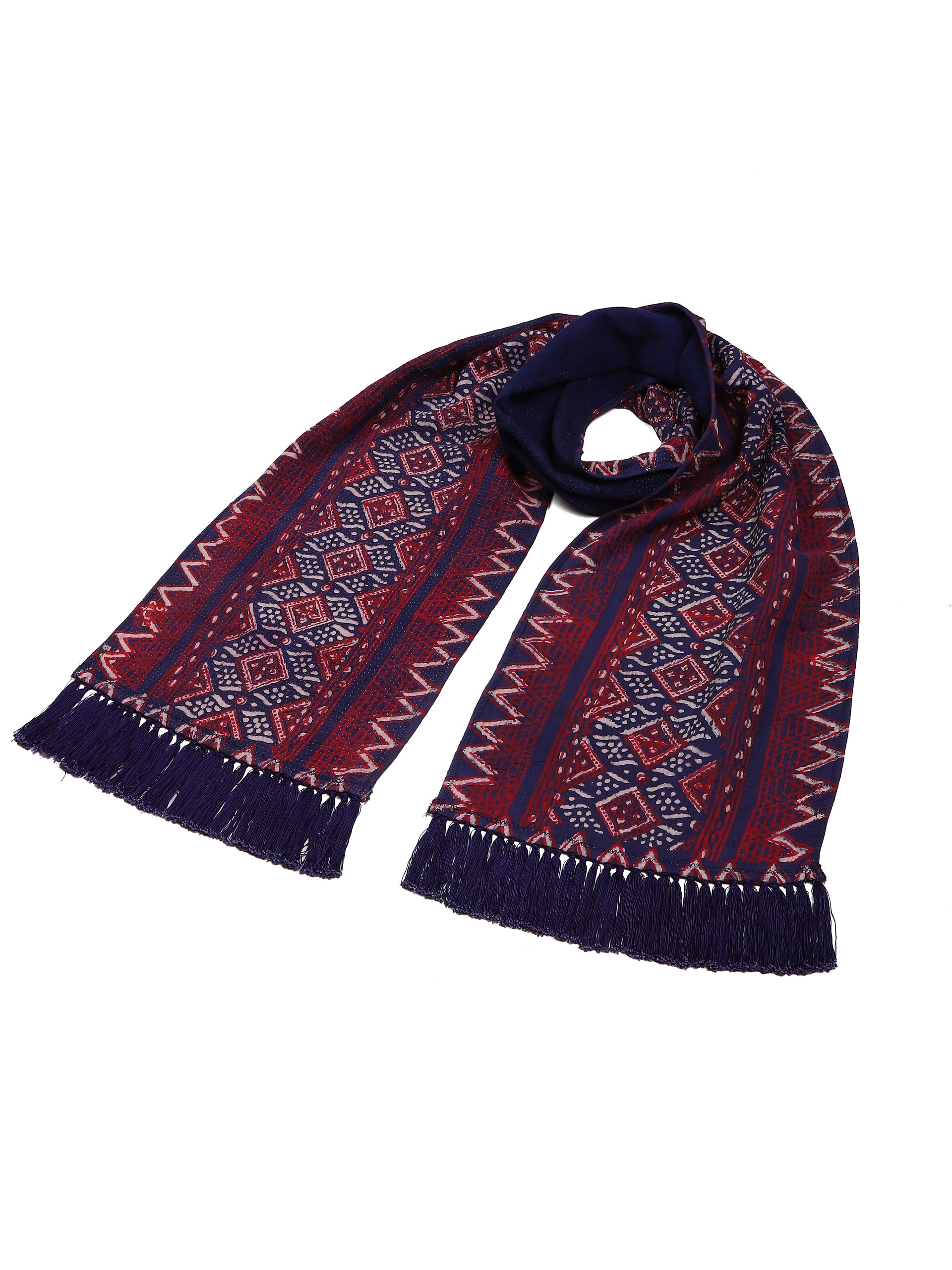 Vintage Kantha hand-stitched fringed scarf II shown draped with red blue geometric Kantha pattern – Hindostan Archive artisan accessory