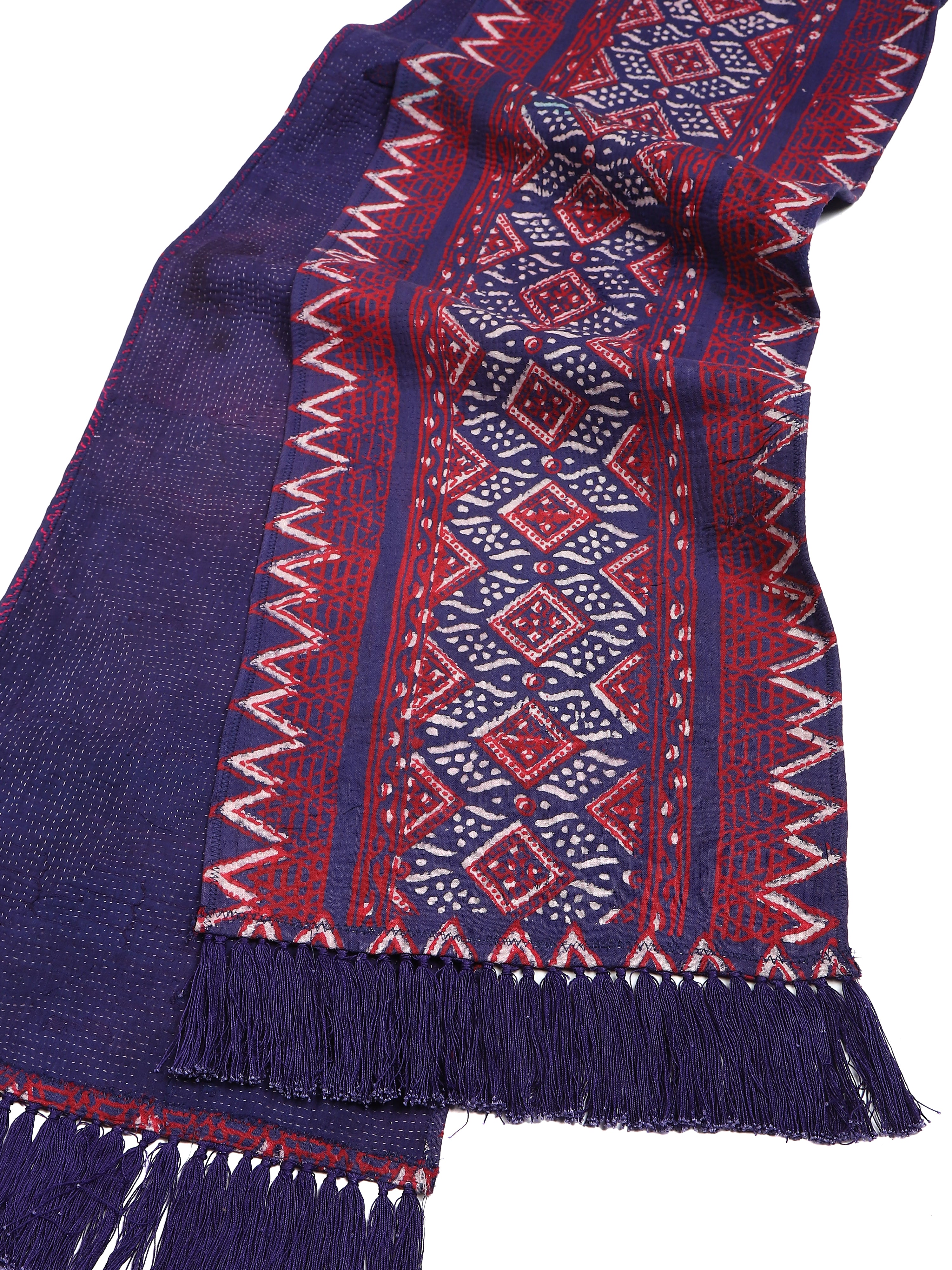 Close-up of fringe and Kantha stitch geometric pattern detail on Vintage Kantha fringed scarf II – Hindostan Archive artisan accessory