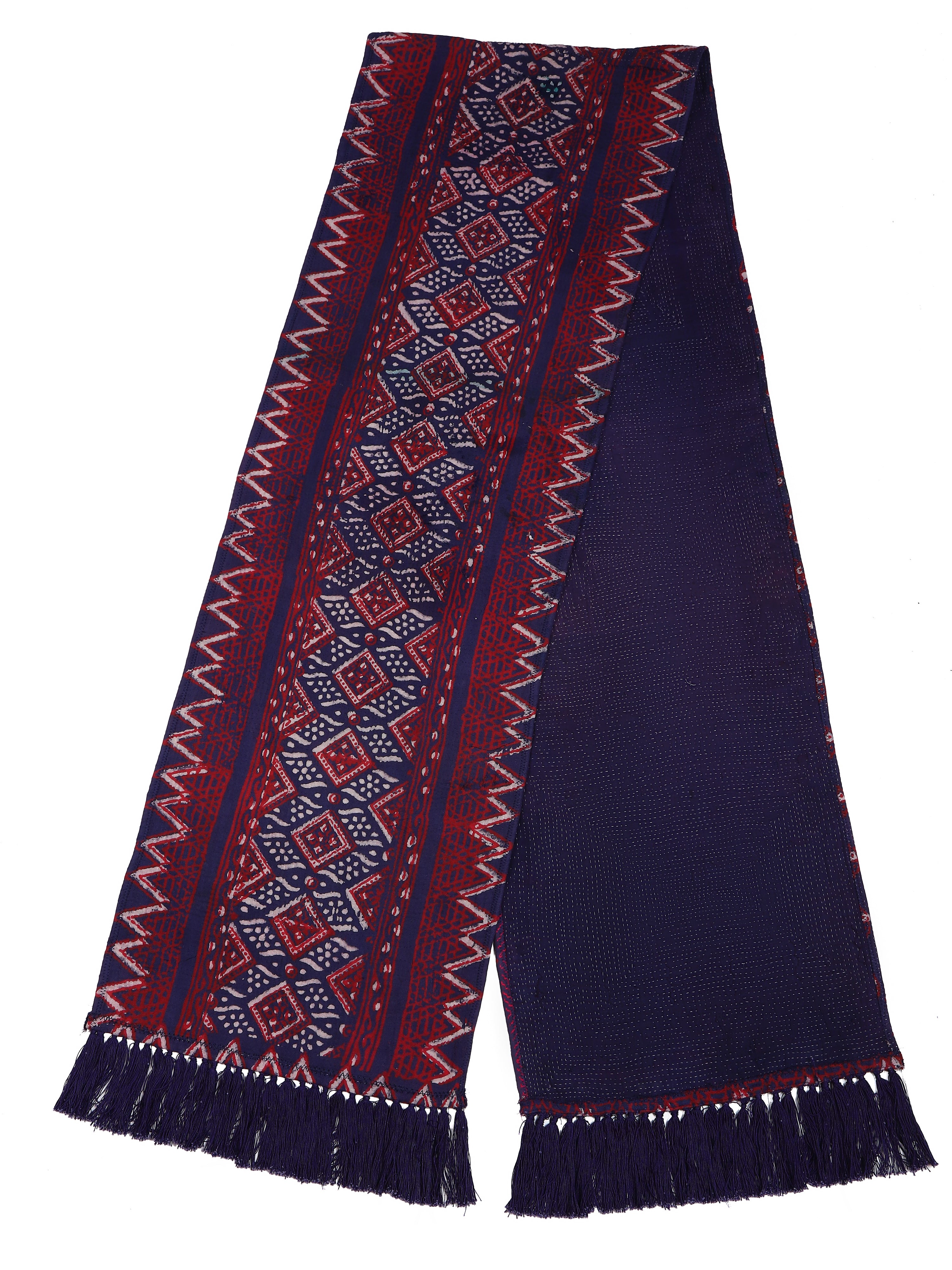 Vintage Kantha hand-stitched fringed scarf II full length flat lay with navy blue and red geometric Kantha pattern – Hindostan Archive