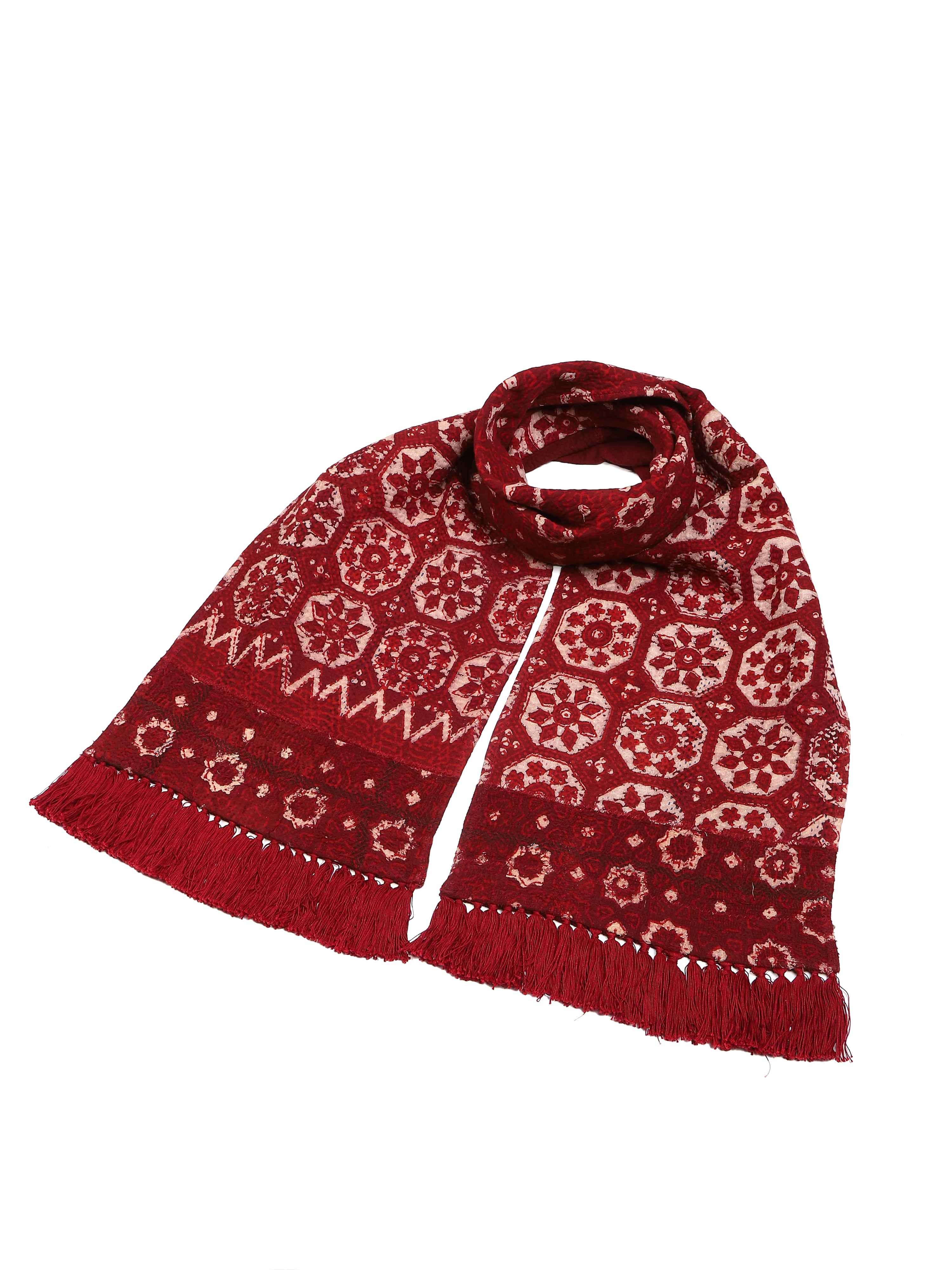 Vintage Kantha hand-stitched fringed scarf III shown draped with red floral pattern – Indian handloom artisan accessory by Hindostan Archive