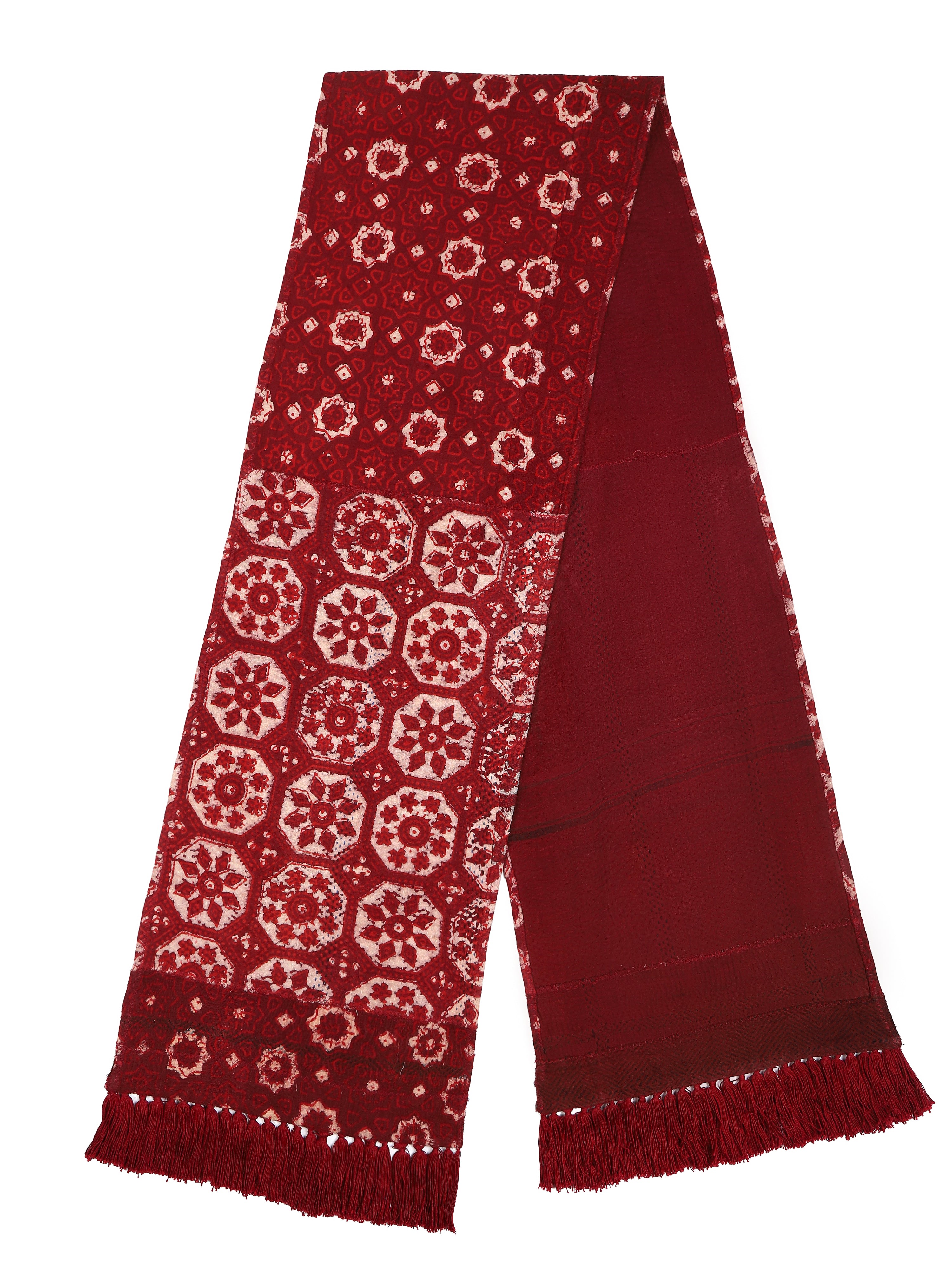 Vintage Kantha hand-stitched fringed scarf III full length flat lay with red floral Kantha pattern – Hindostan Archive artisan accessory