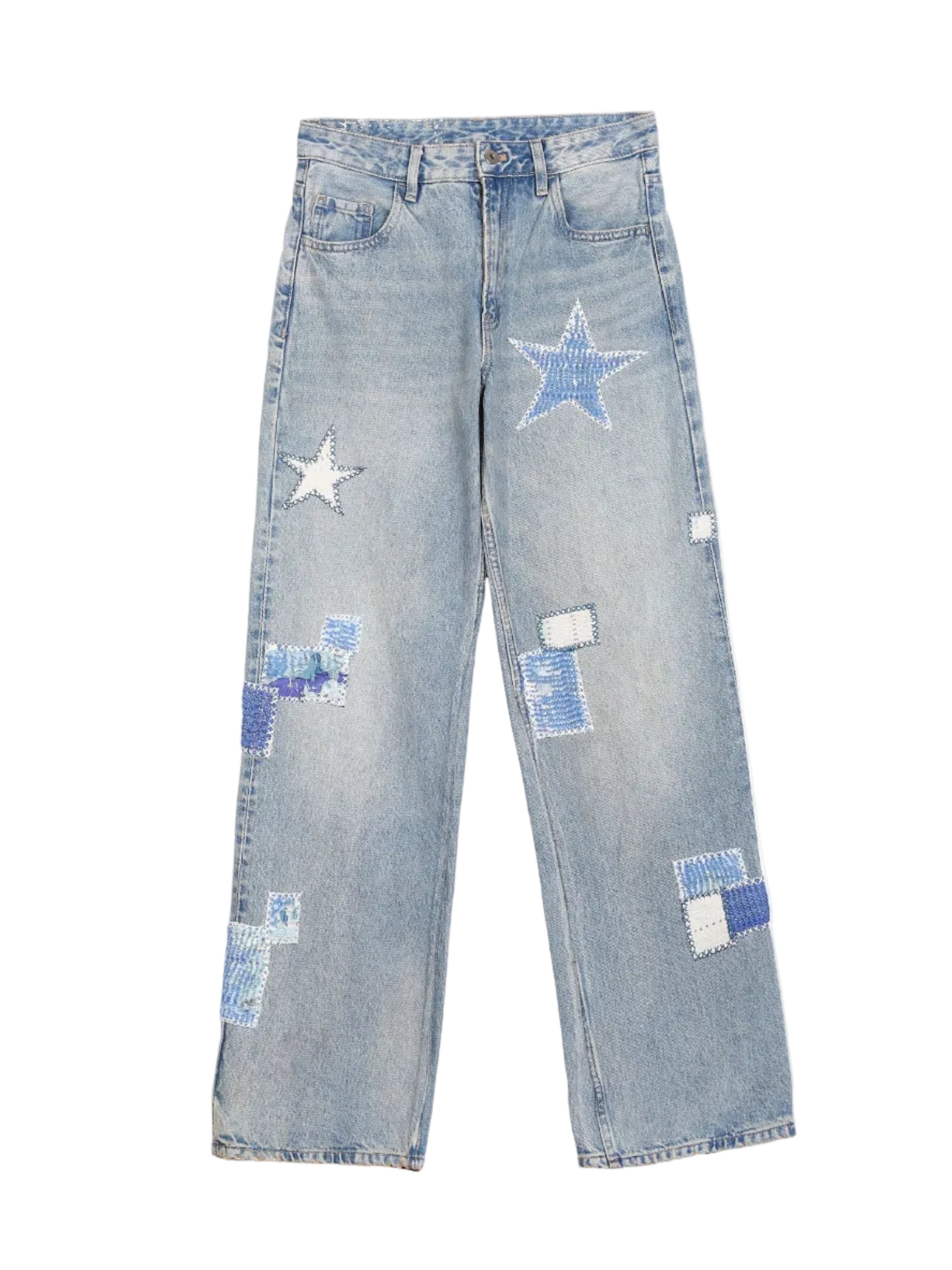 Vintage patchwork jeans front view – natural dyed clothing with hand-embroidered star patches, artisan menswear by Hindostan Archive