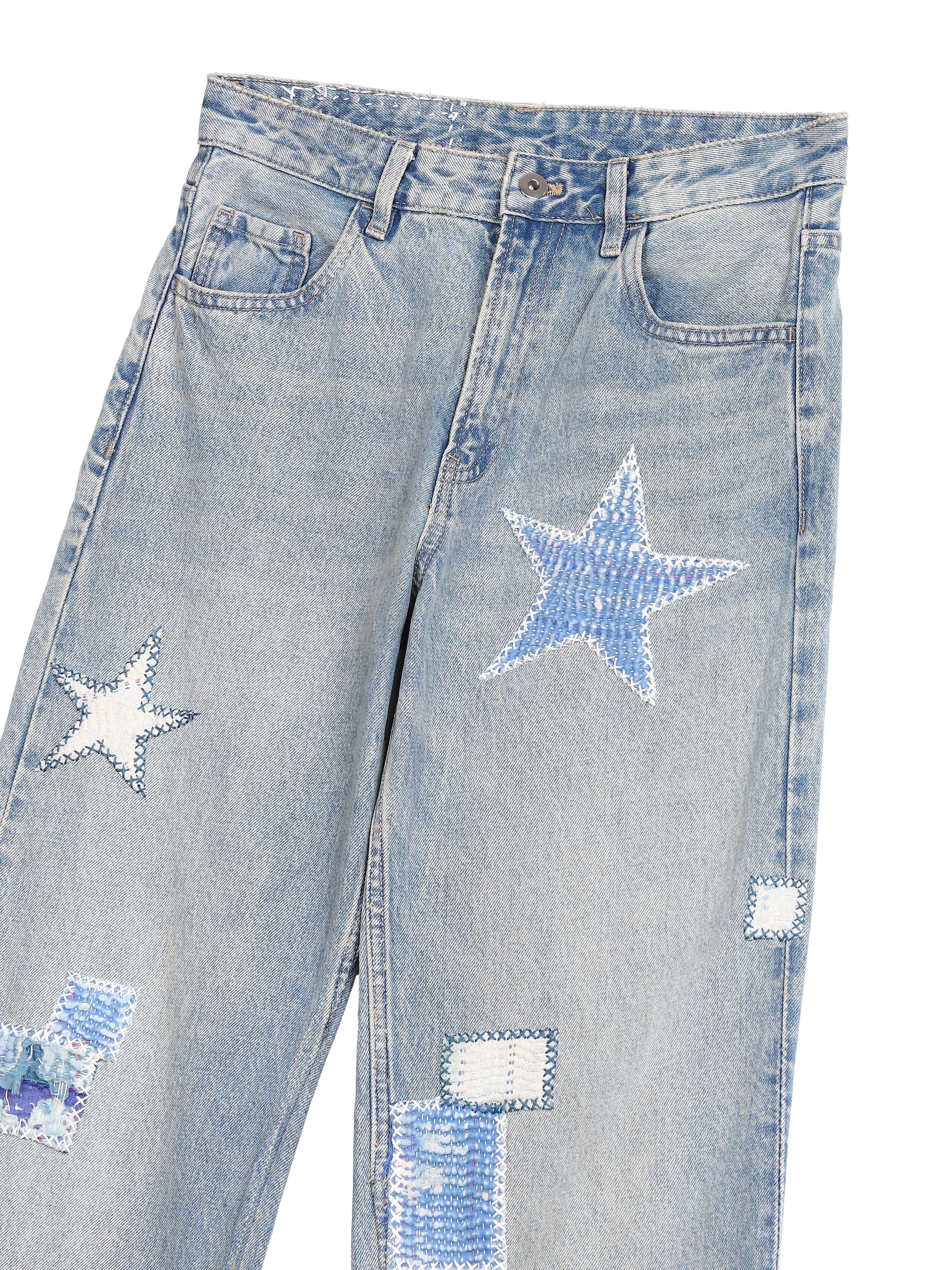 Vintage patchwork jeans with sequin star patches – artisan menswear Indian handloom natural dyed clothing by Hindostan Archive