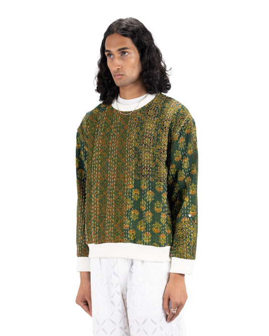 GREEN AJRAKH PATCHWORK SWEATSHIRT - Hindostan Archive 