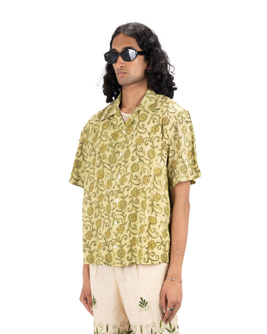 LIME HAND-BLOCKED SILK RESORT SHIRT - Hindostan Archive 